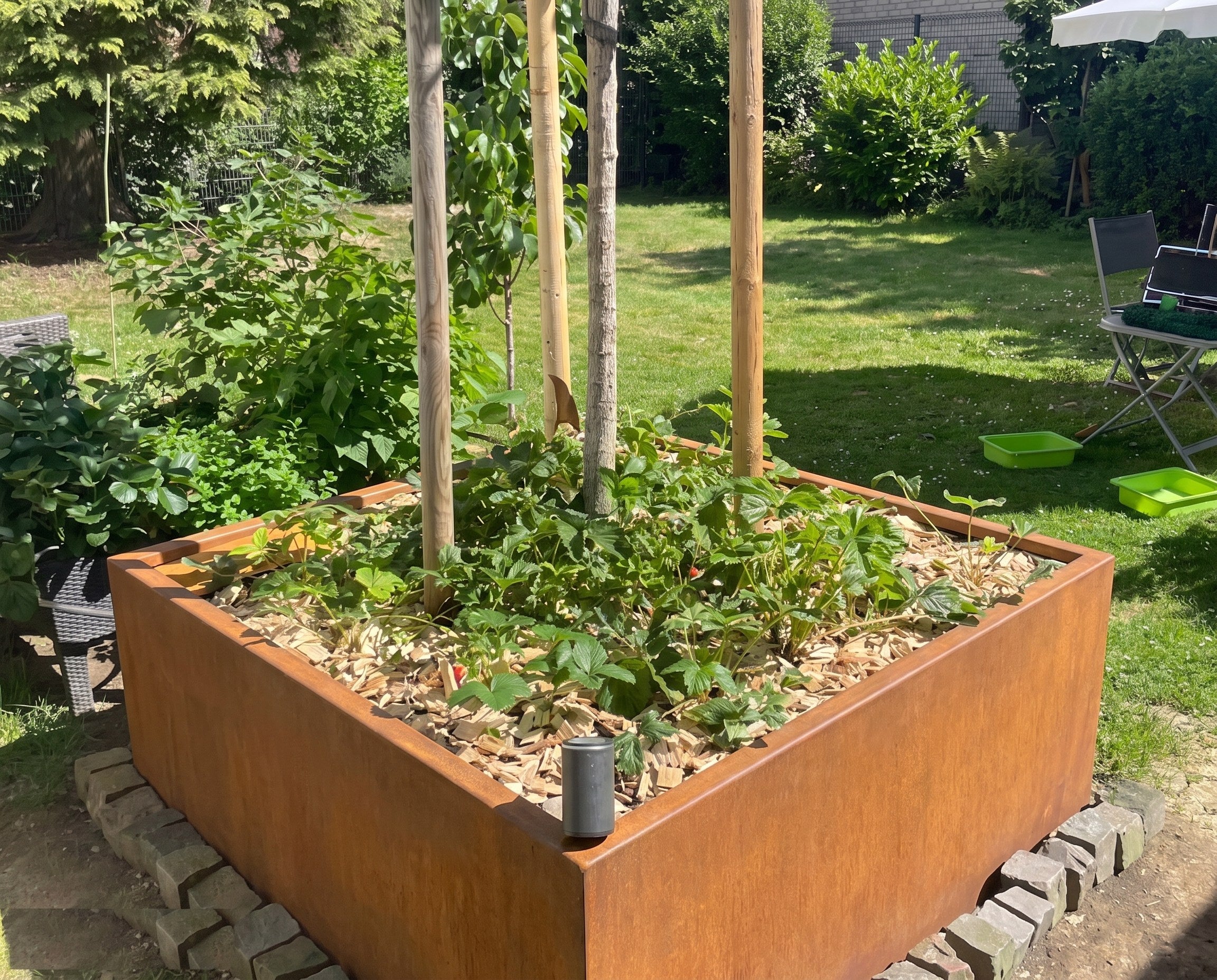 Quadratisches Cortenstahl Hochbeet mit ausgebildeter Edelrost-Patina, bepflanzt mit Erdbeeren und jungem Obstbaum im sonnigen Garten