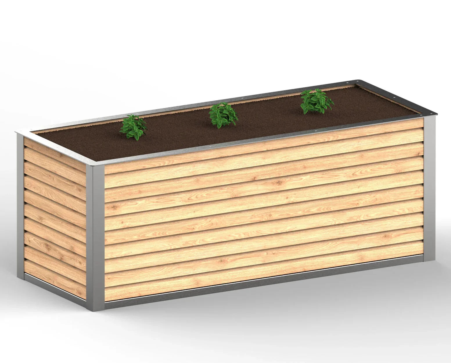 Großes Hochbeet aus Holz mit Edelstahlrahmen und bepflanzter Erde, modern gestaltet