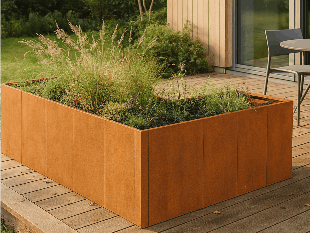 Hochbeet aus Cortenstahl mit Ziergräsern auf einer Holzterrasse