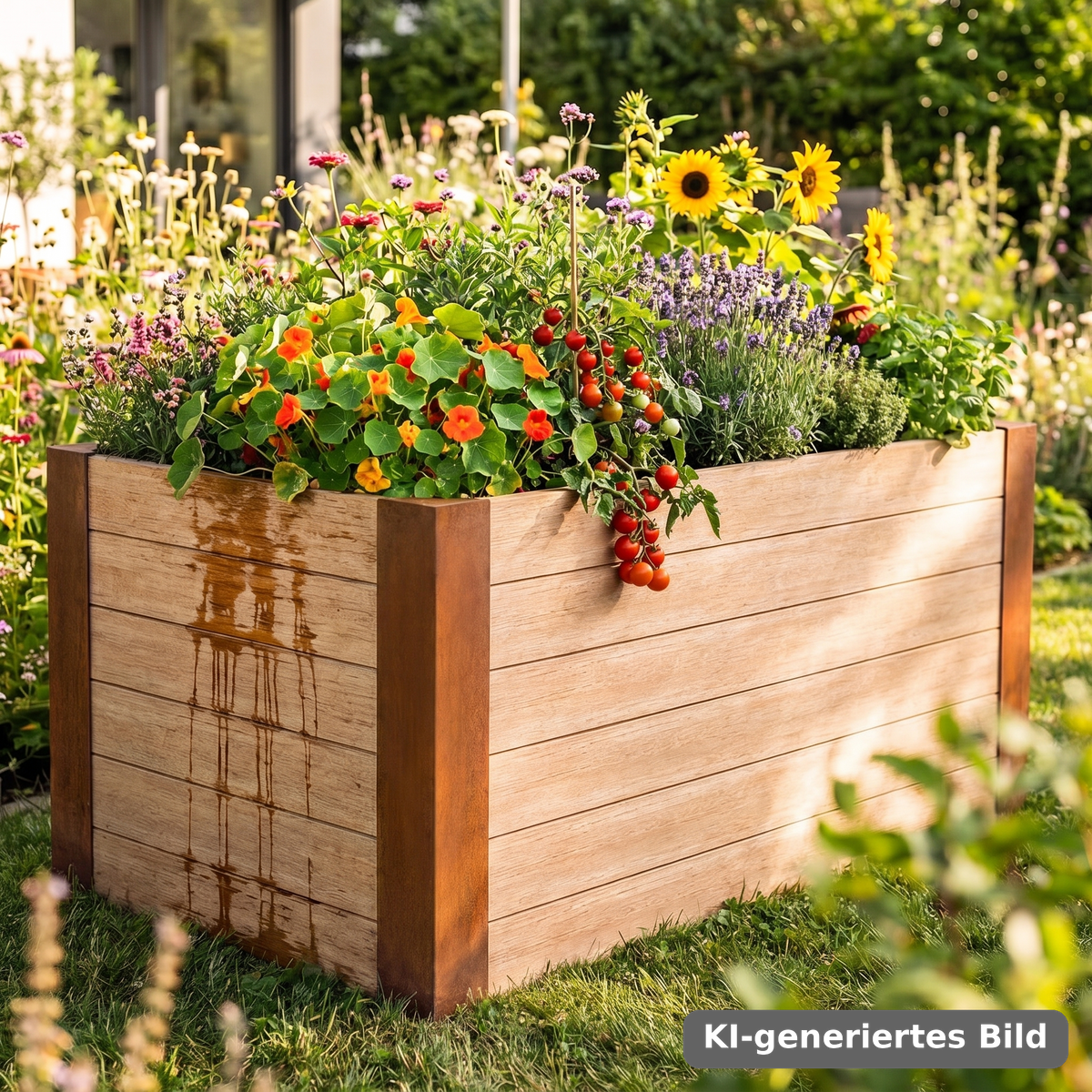 KI-generiertes Bild: Hochbeet-Pfosten Cortenstahl 4er-Set, Hochbeet zum Selberbauen