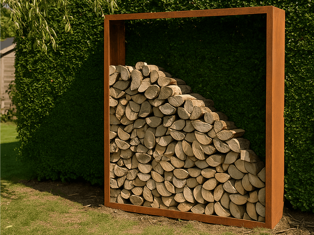 Kaminholzregal aus Cortenstahl im Garten vor einer Hecke