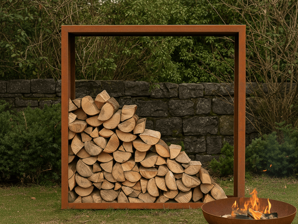 Holzlager aus Cortenstahl mit Brennholz an einer Natursteinmauer