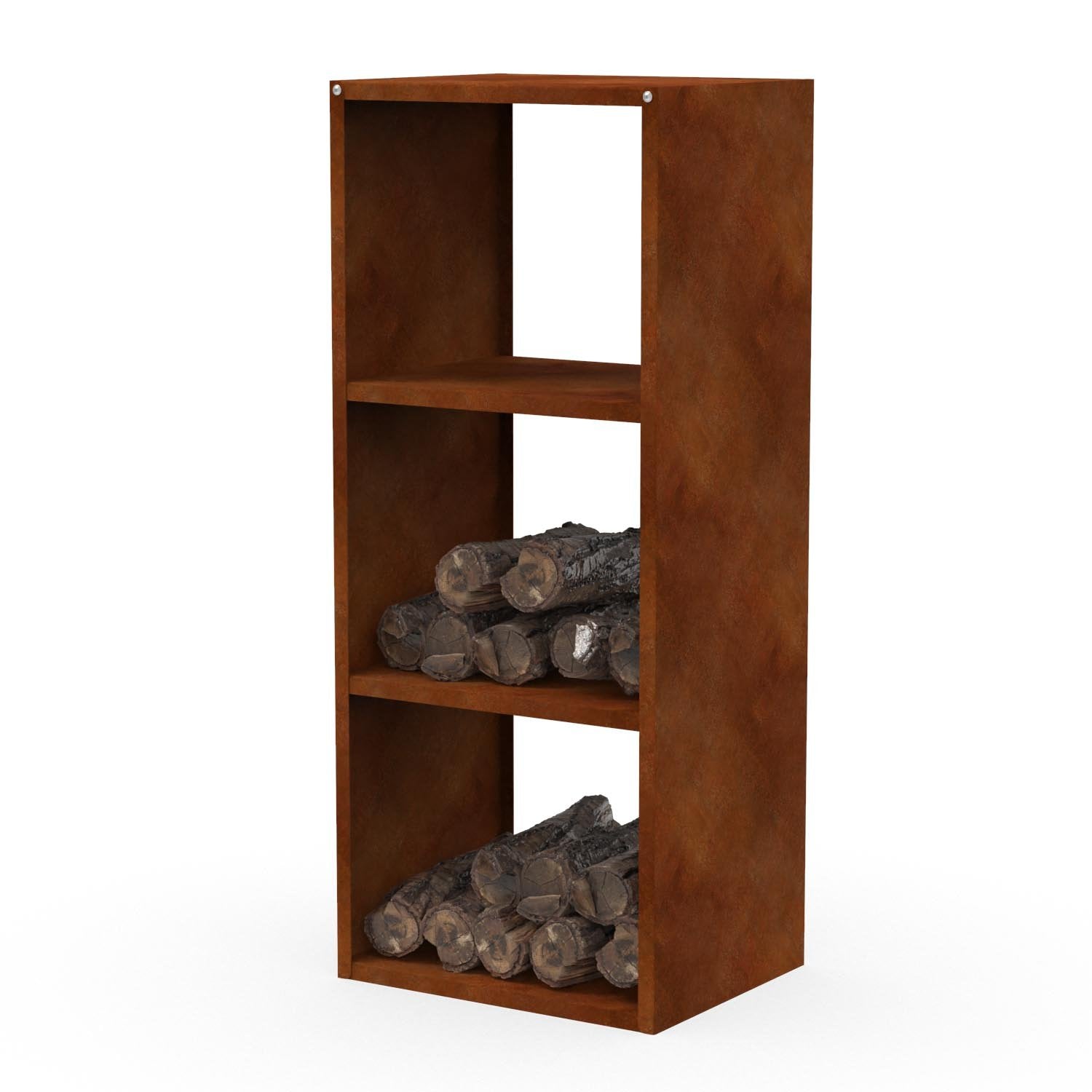 Kaminholzregal Holzlager VESTA aus Cortenstahl mit 3 Ebenen, 50 x 40 x 120 cm – freistehendes Brennholzregal für Garten und Terrasse, Made in Germany