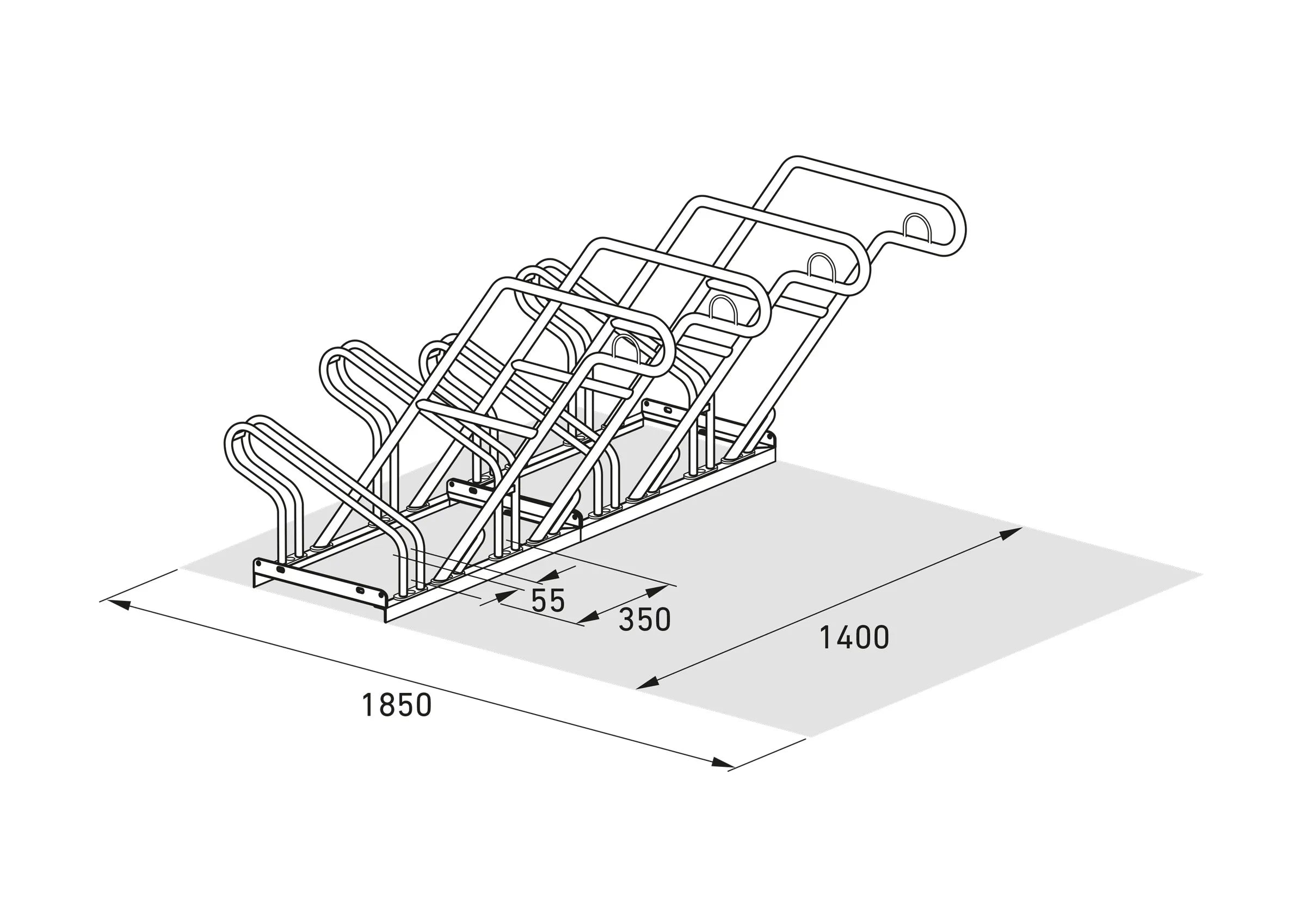 Isometrische technische Zeichnung eines Fahrradständers aus Metall für fünf Fahrräder mit Maßangaben.