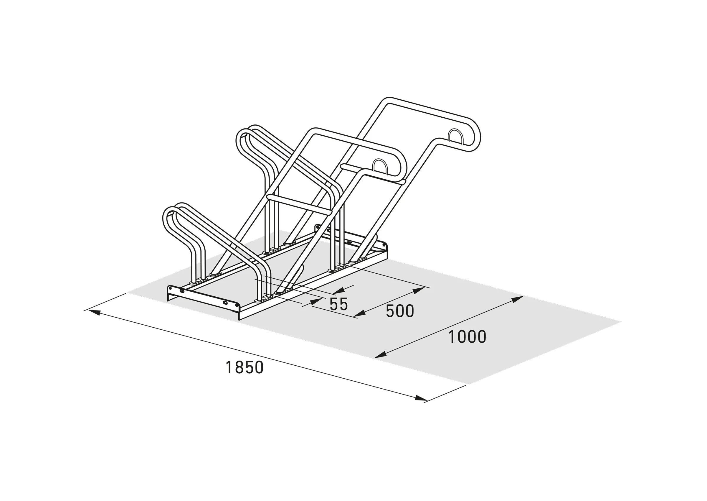 Isometrische Masszeichnung Fahrradständer für zwei Fahrräder, Maße 1850x1000 mm, Metallbau