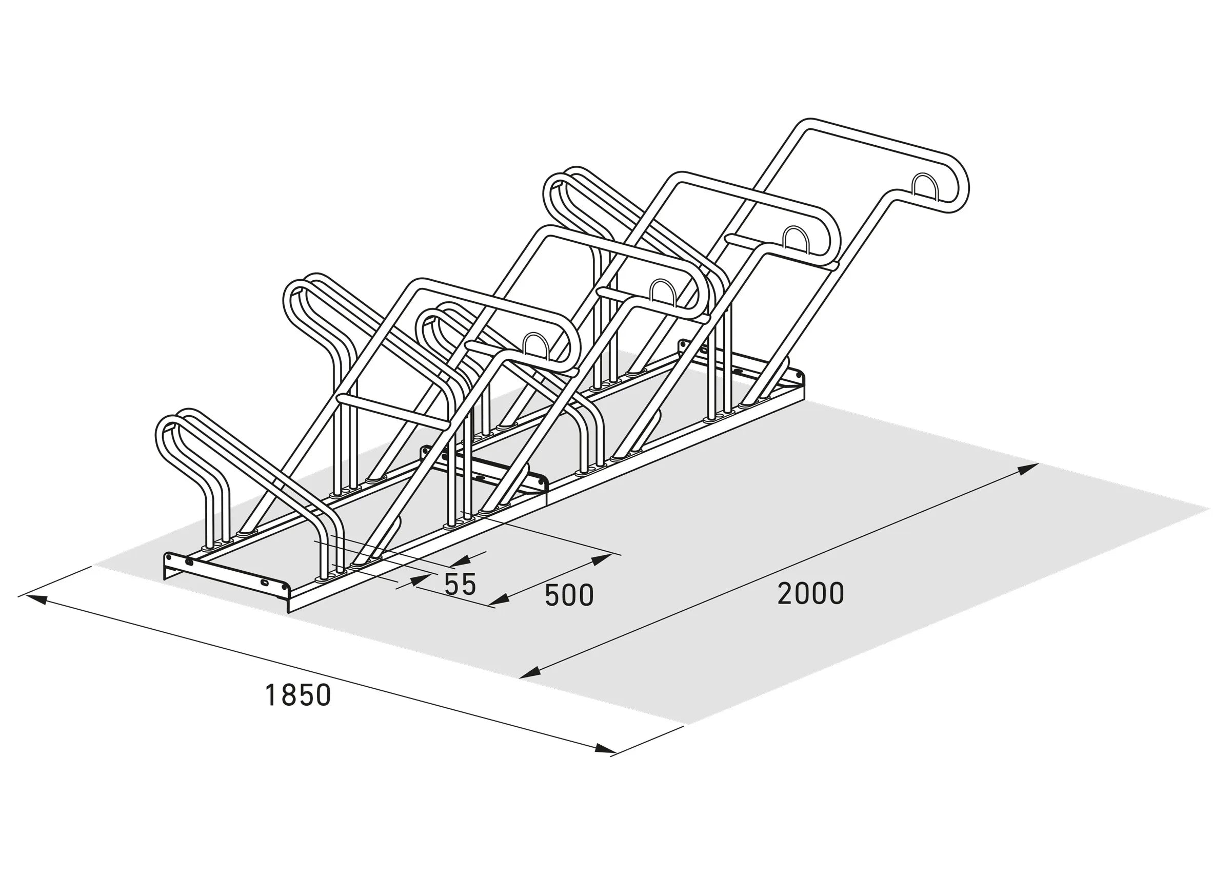 Isometrische Zeichnung eines Fahrradständers für vier Fahrräder mit Maßangaben, Metallbau.