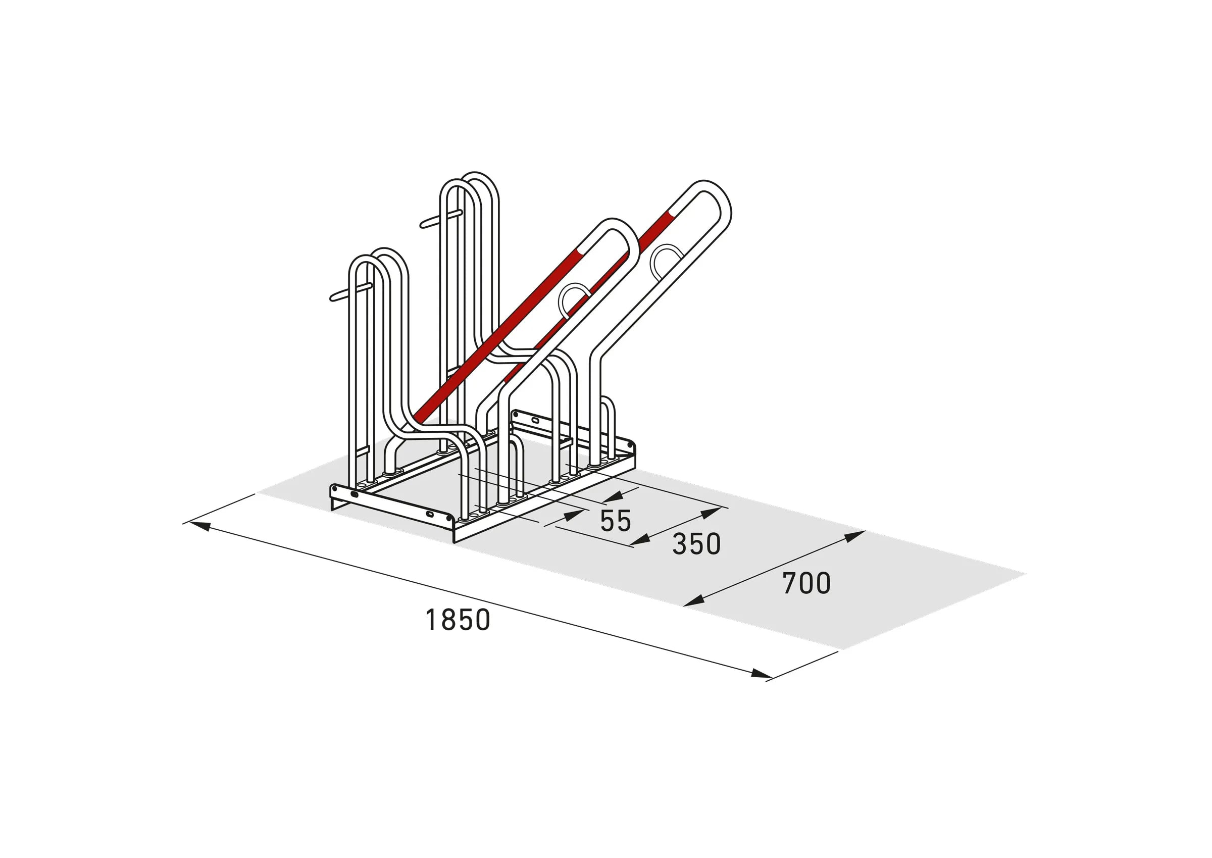 Isometrische technische Zeichnung eines Fahrradständers mit Maßen, Metallbau, Fahrradparksystem