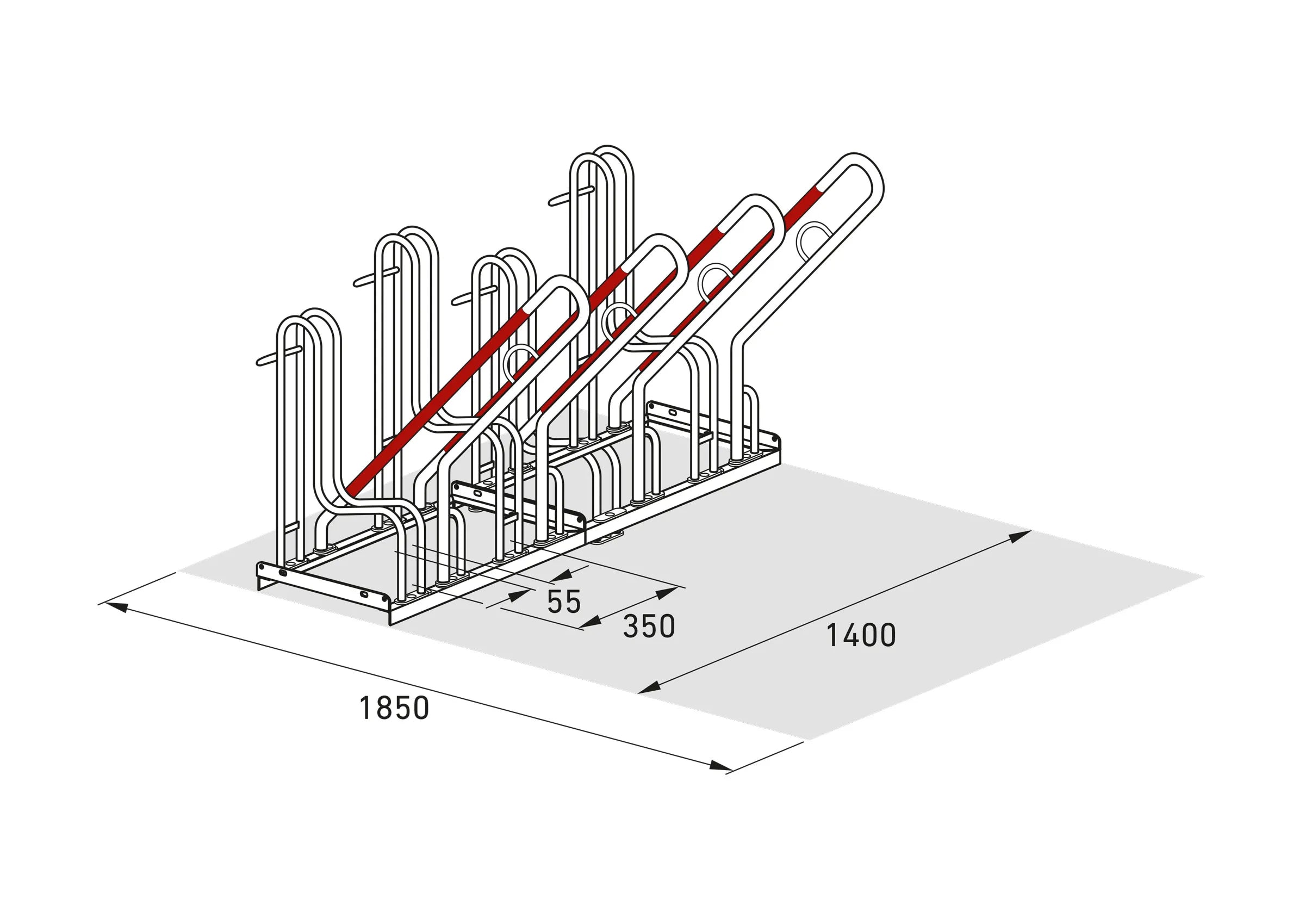 Isometrische Masszeichnung eines Fahrradständers aus Metall mit fünf Stellplätzen und Maßen.