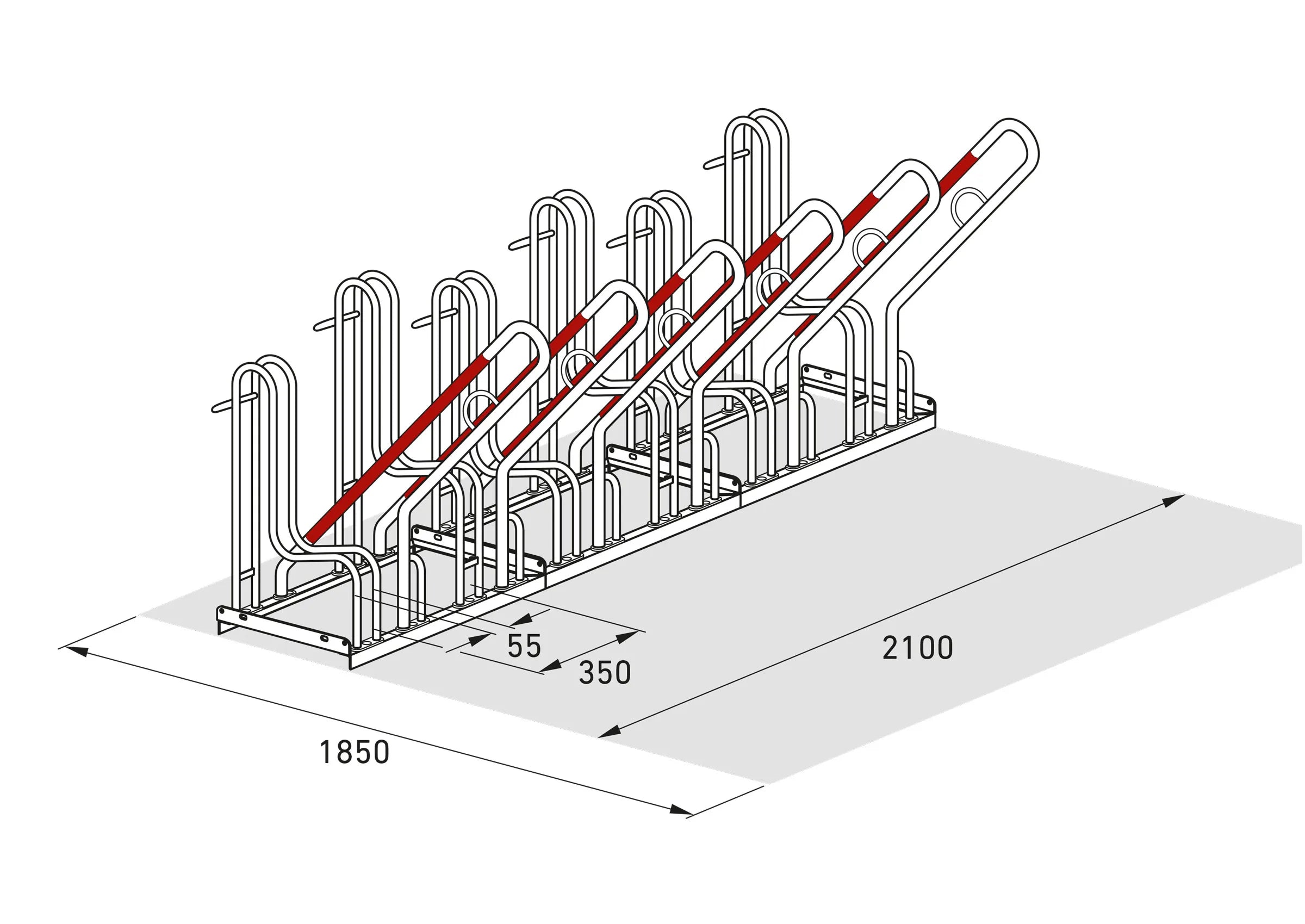 Isometrische Zeichnung Fahrradständer aus Metall mit Maßen, 6 Stellplätze, verzinkt.