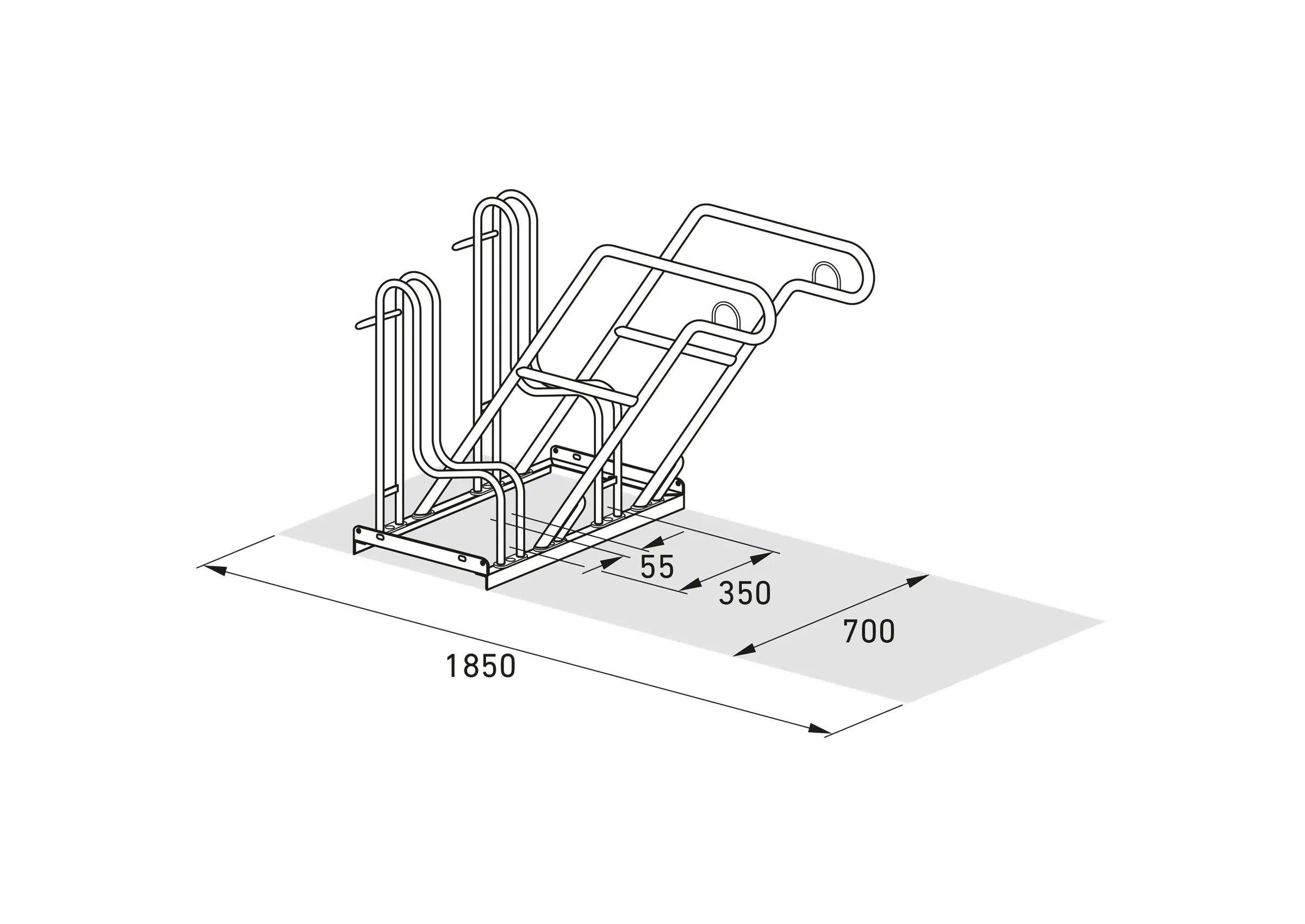 Isometrische Zeichnung eines Fahrradständers aus Metall mit Maßangaben