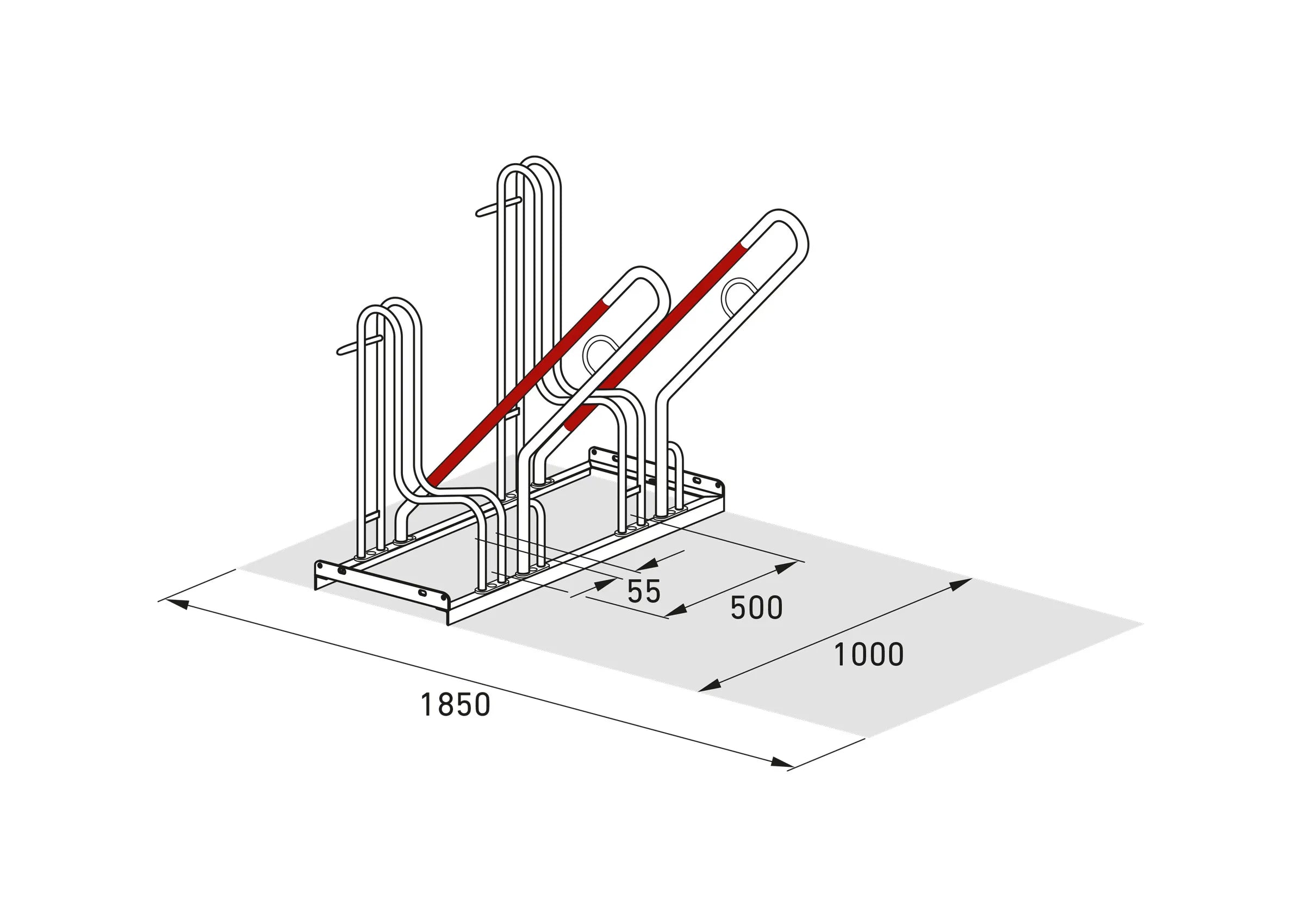Isometrische Zeichnung eines Fahrradständers aus Metall mit Maßangaben, 3 Stellplätze.