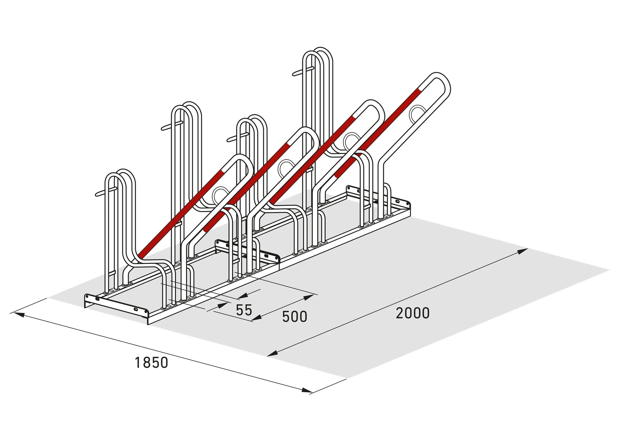 Isometrische Zeichnung Fahrradparksystem Metall, Maße 1850x2000 mm, mehrstellige Ausführung
