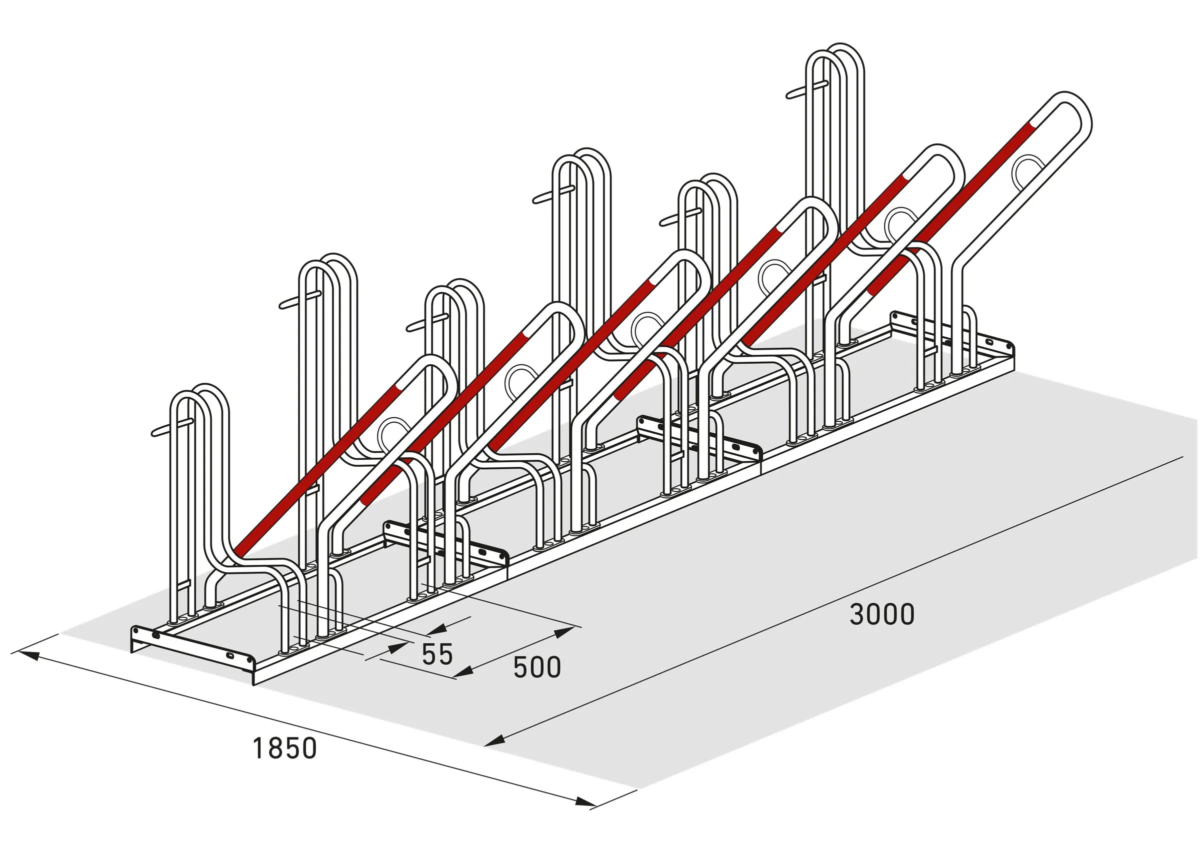 Isometrische Zeichnung Fahrradständer Metall, 6 Plätze, mit Maßen, Reihenparker
