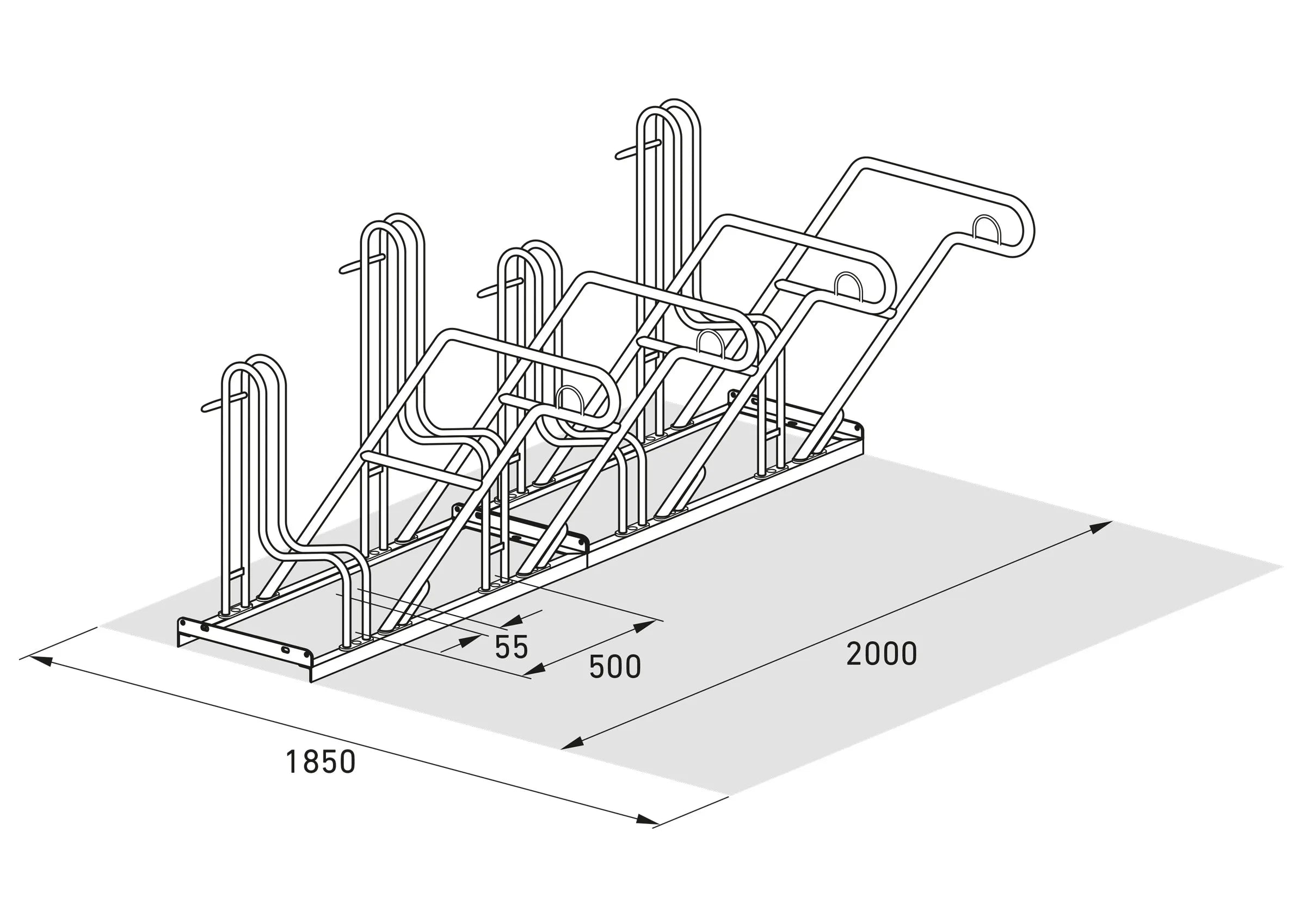 Isometrische Zeichnung Fahrradständer für vier Fahrräder mit Maßangaben, Metallbau