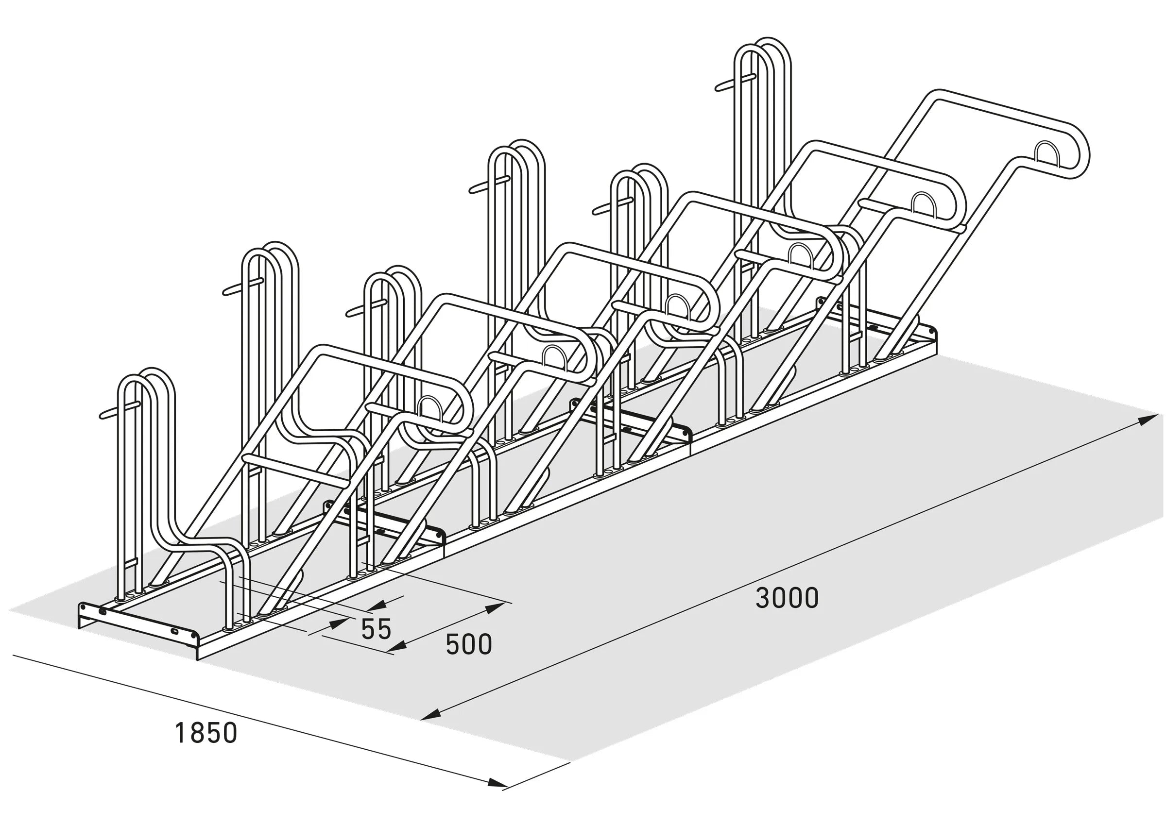 Isometrische Zeichnung eines Fahrradständers aus Metall mit Maßangaben, Reihenparker für 6 Fahrräder.