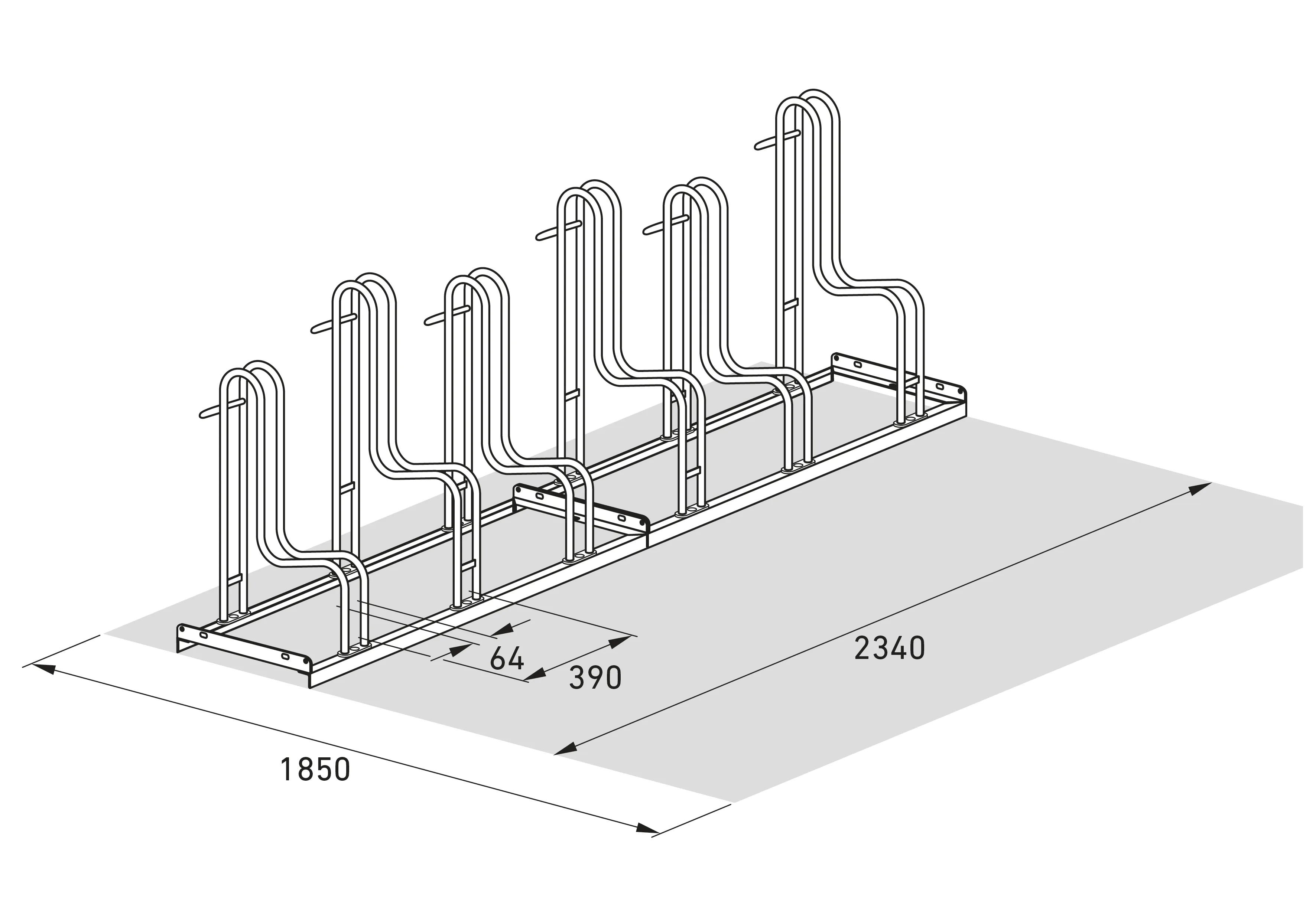 Isometrische Zeichnung eines Fahrradständers aus Metall für 5 Fahrräder mit Maßangaben.
