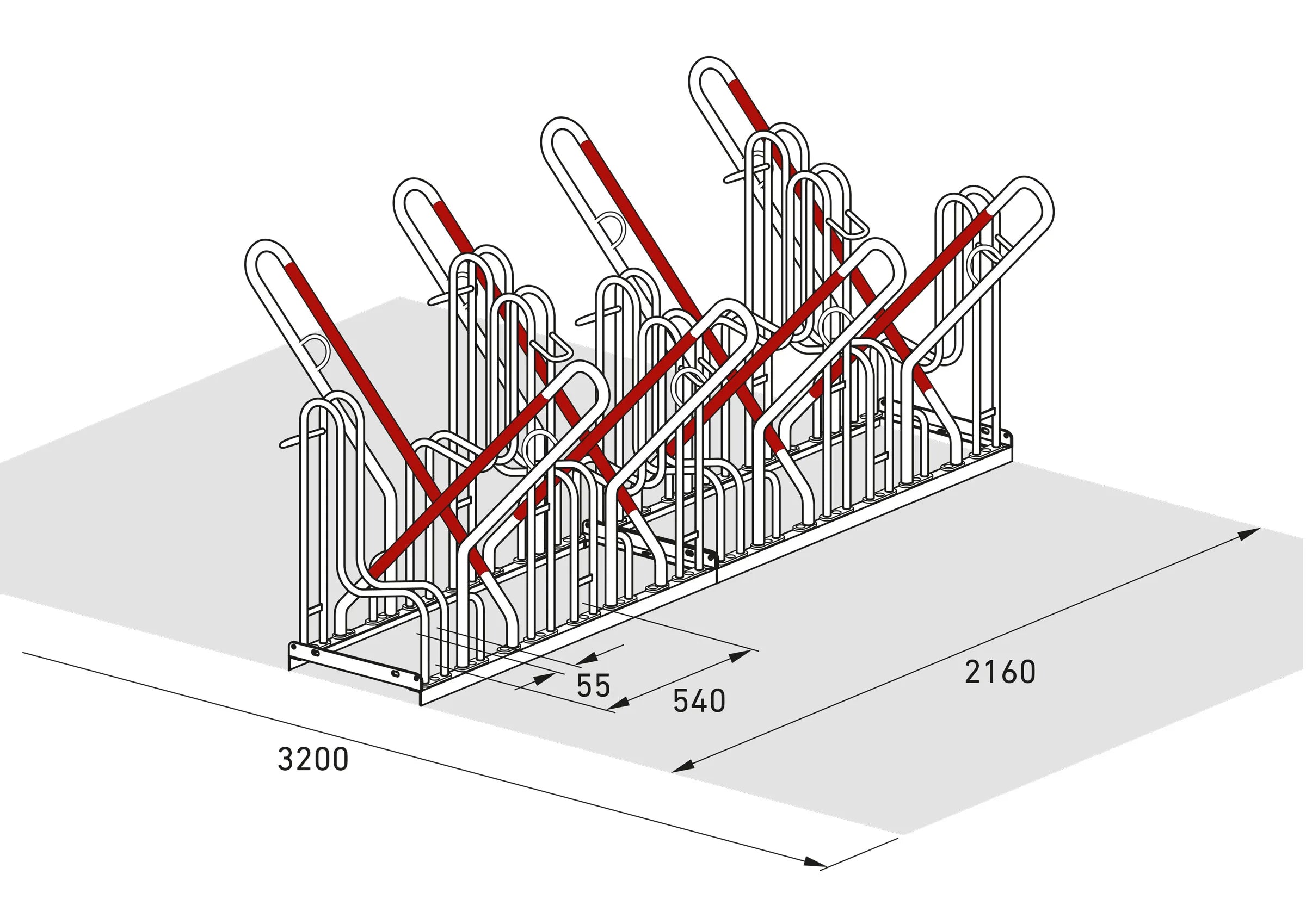 Isometrische Zeichnung Fahrradständer mit Maßen, Metall, mehrreihig, platzsparend