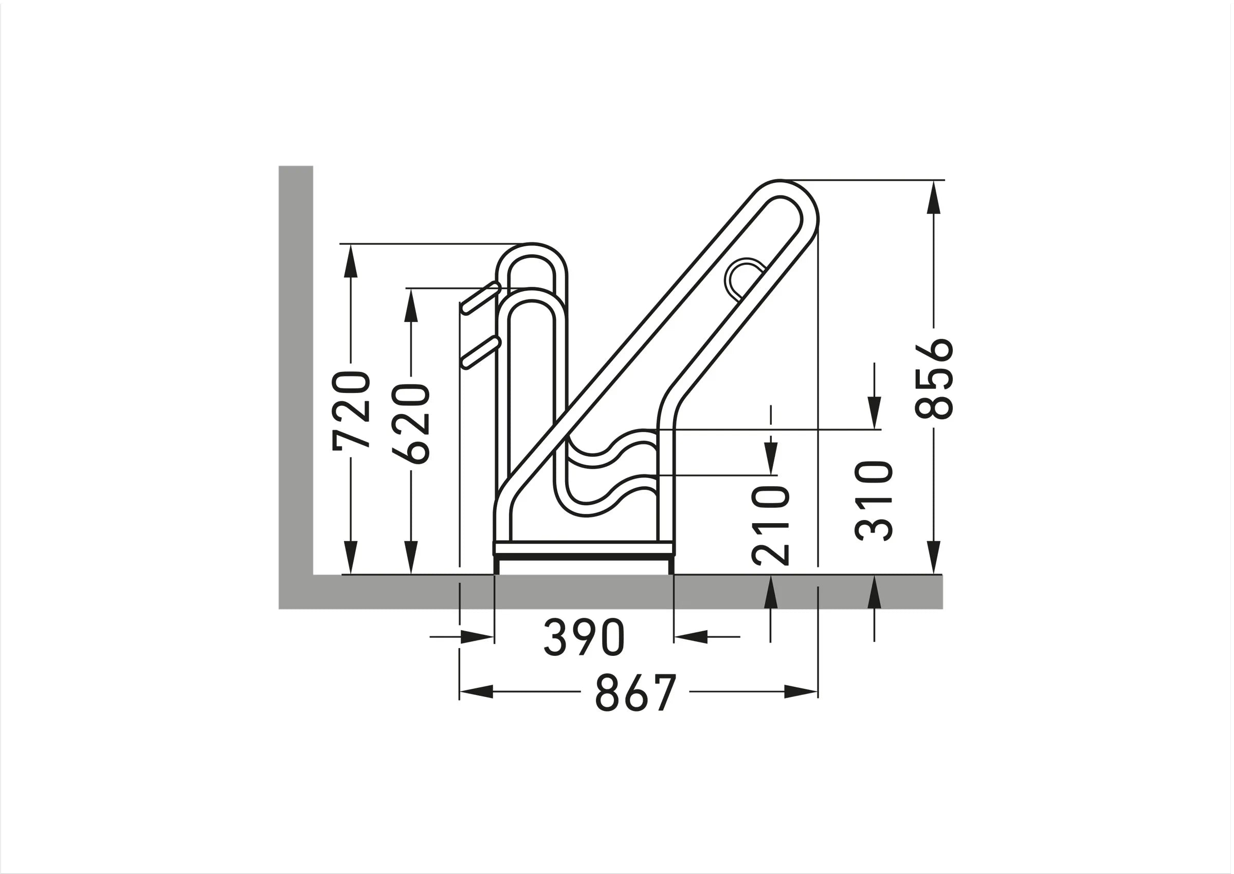 Seitenansicht Masszeichnung eines Fahrradständers aus Metall mit Maßen in Millimetern.