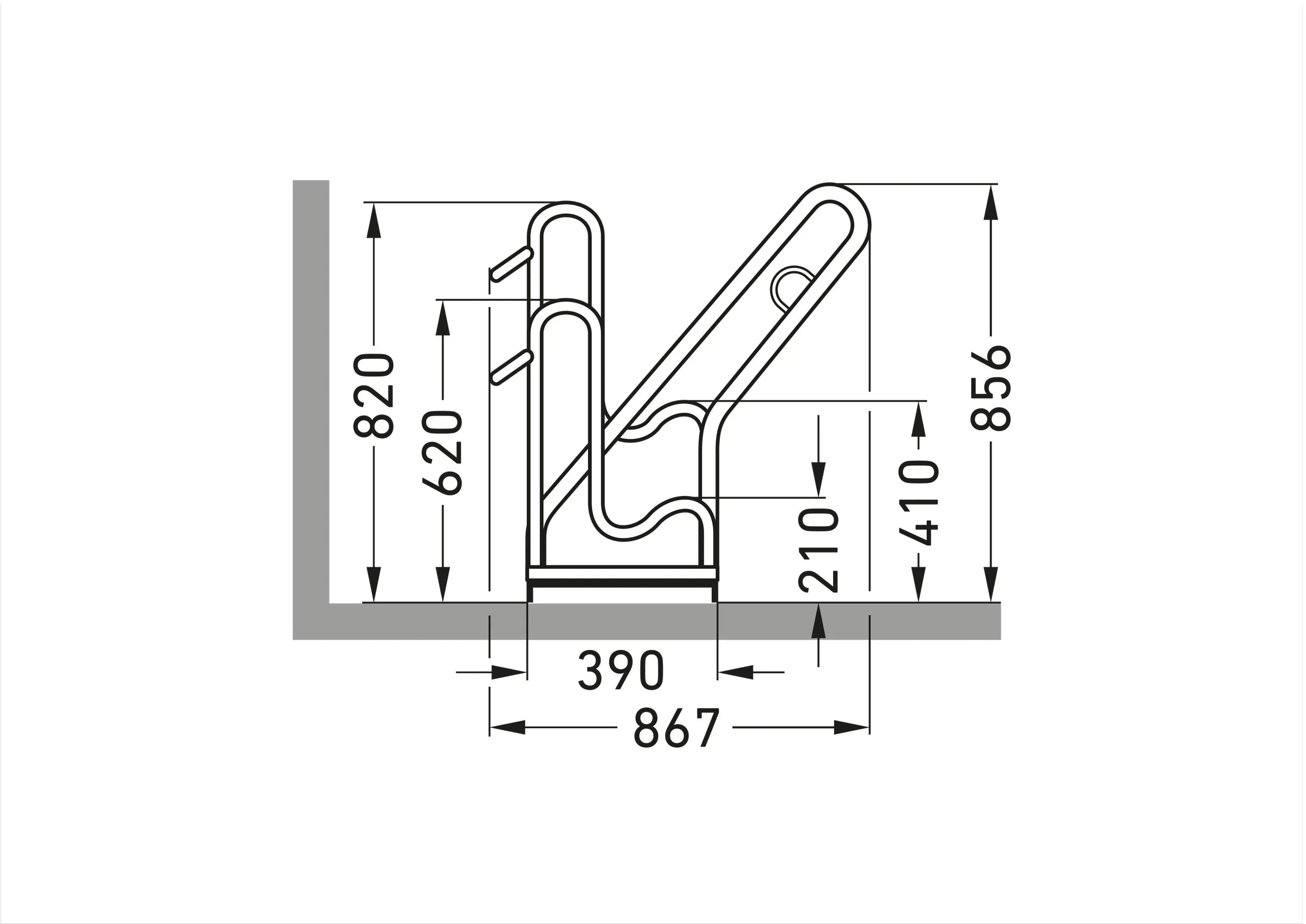 Seitenansicht technische Zeichnung Fahrradparksystem, Maße in Millimetern, Metallbau
