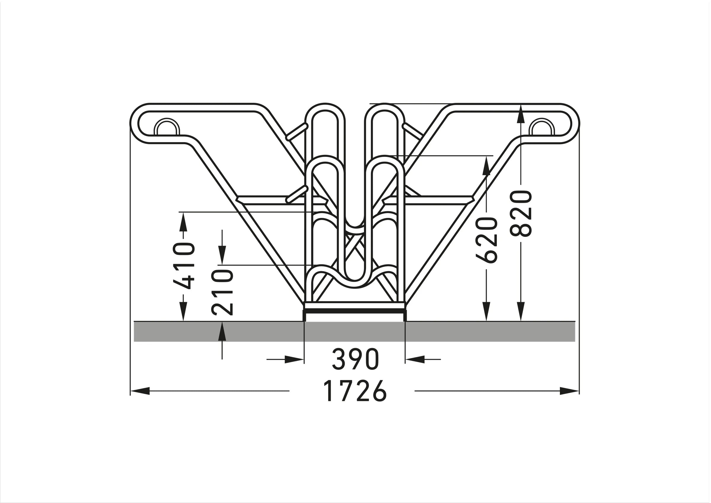 Masszeichnung Fahrradparksystem zweiseitig, Seitenansicht mit Maßen, Metallbau, Fahrradständer