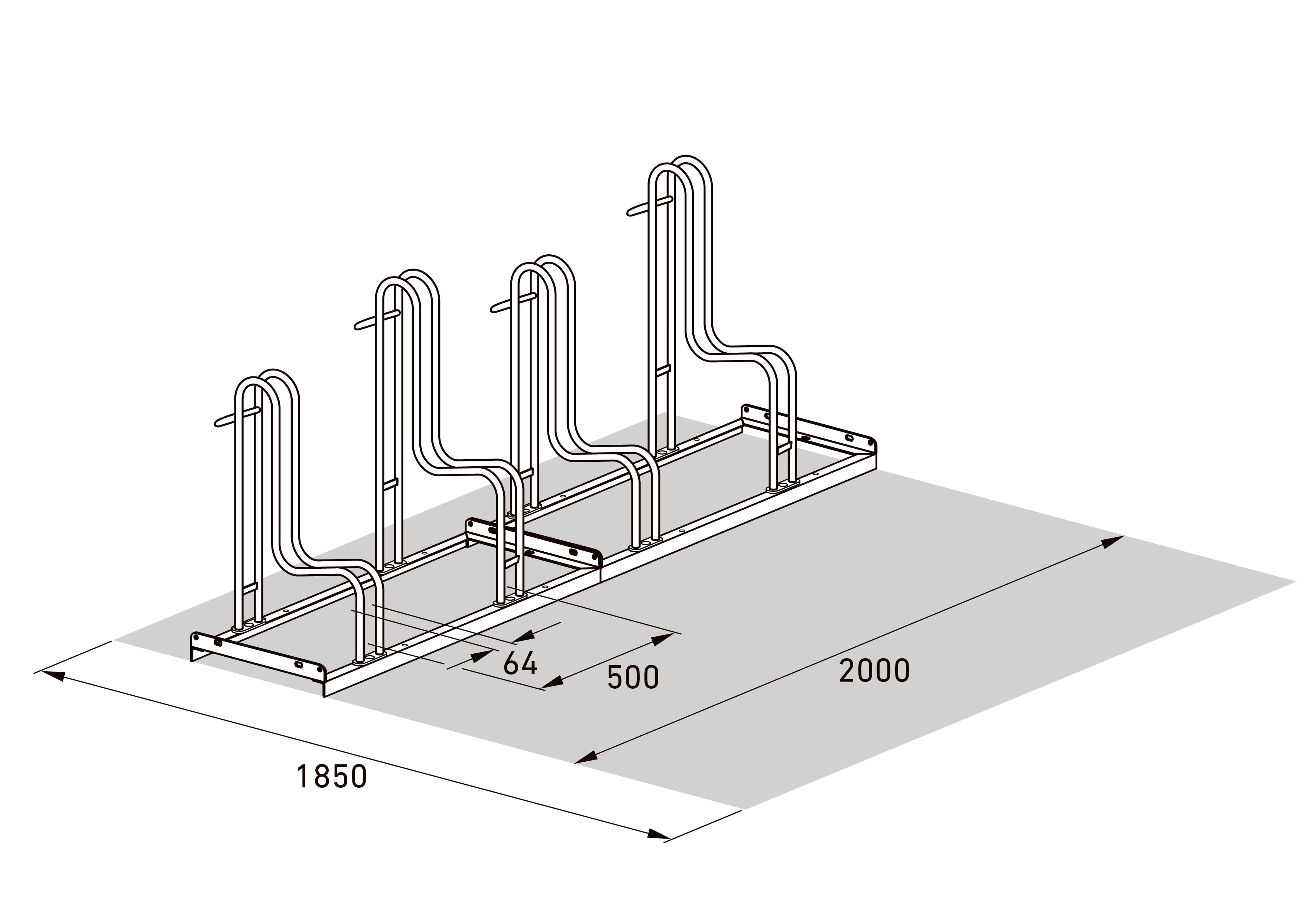 Maßzeichnung Standparker 4054 XBR isometrisch, Breite 2000 mm für 4 Fahrräder, 500 mm Radabstand