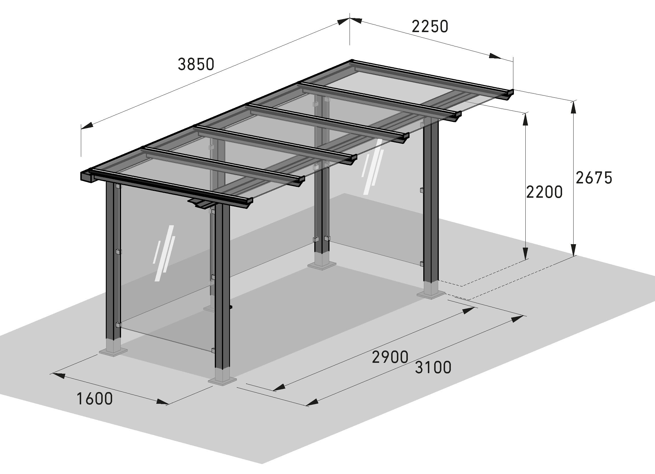 Maßzeichnung Überdachung Personenunterstand Passau P12 B – isometrische Zeichnung mit Bemaßung, Grundmaß 385 x 225 cm, Stahl feuerverzinkt