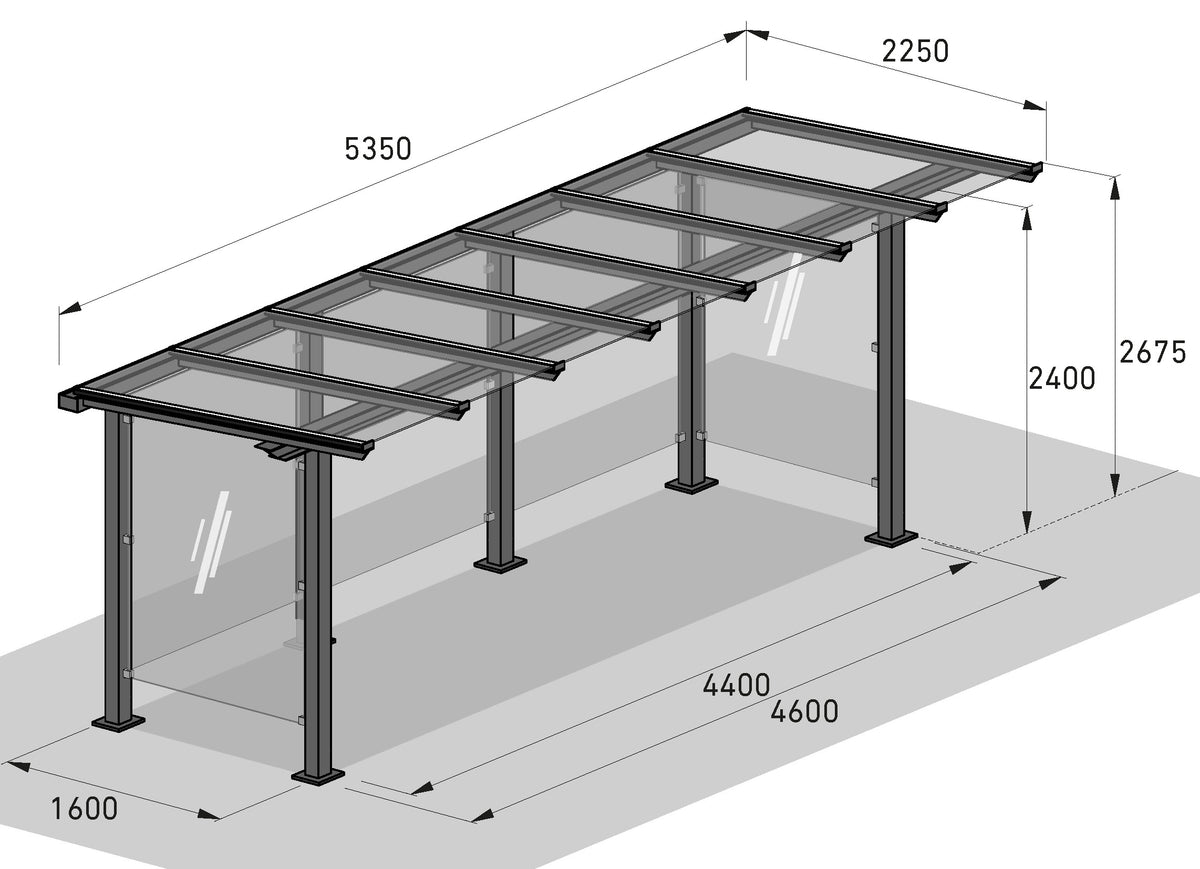 Maßzeichnung Raucherunterstand Personenunterstand Passau P13 B – isometrische Zeichnung mit Bemaßung, Grundmaß 535 x 225 cm, Stahl feuerverzinkt