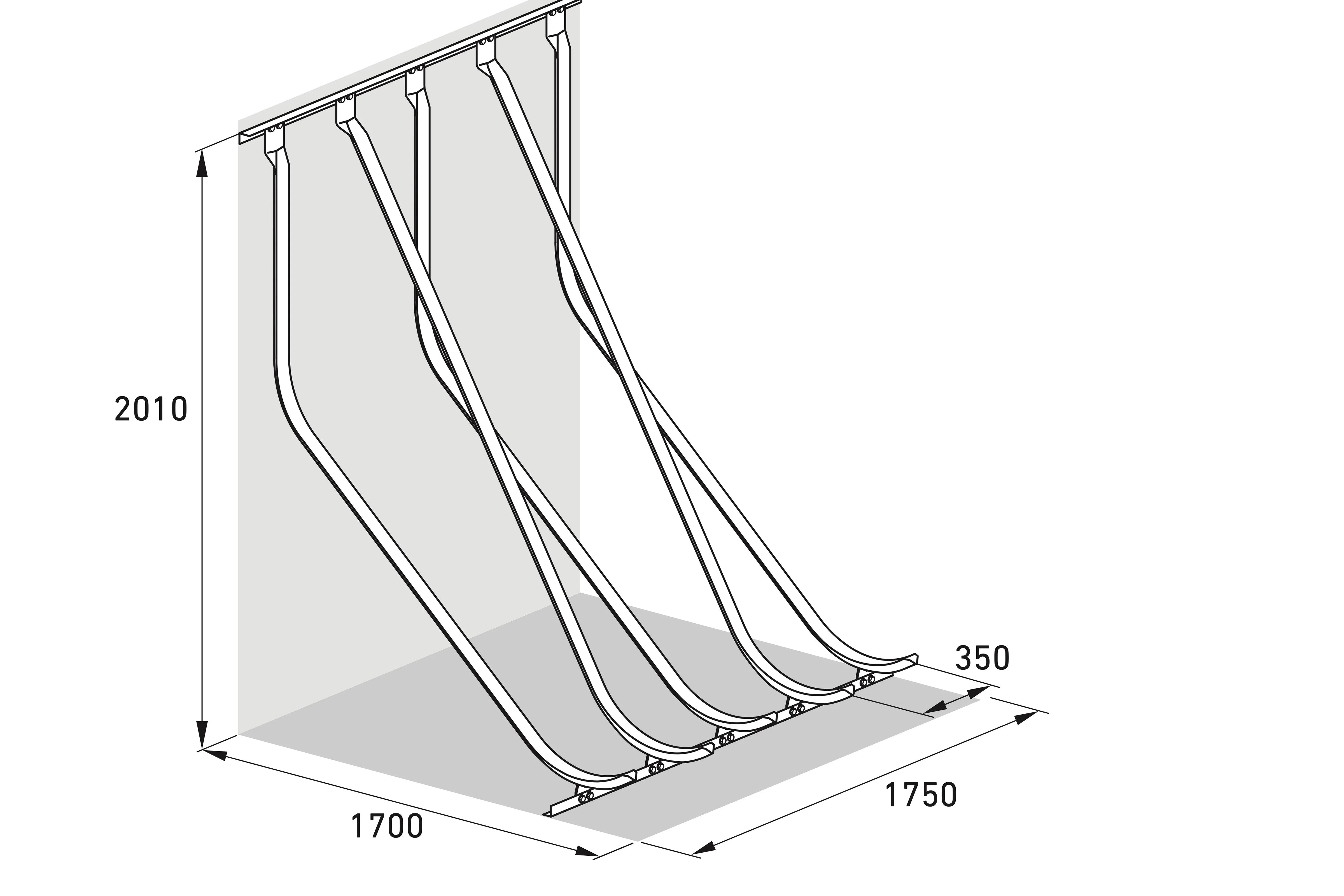 Isometrische Zeichnung Fahrradparksystem Wandmontage mit Maßangaben, 4 Stellplätze, Metallbau