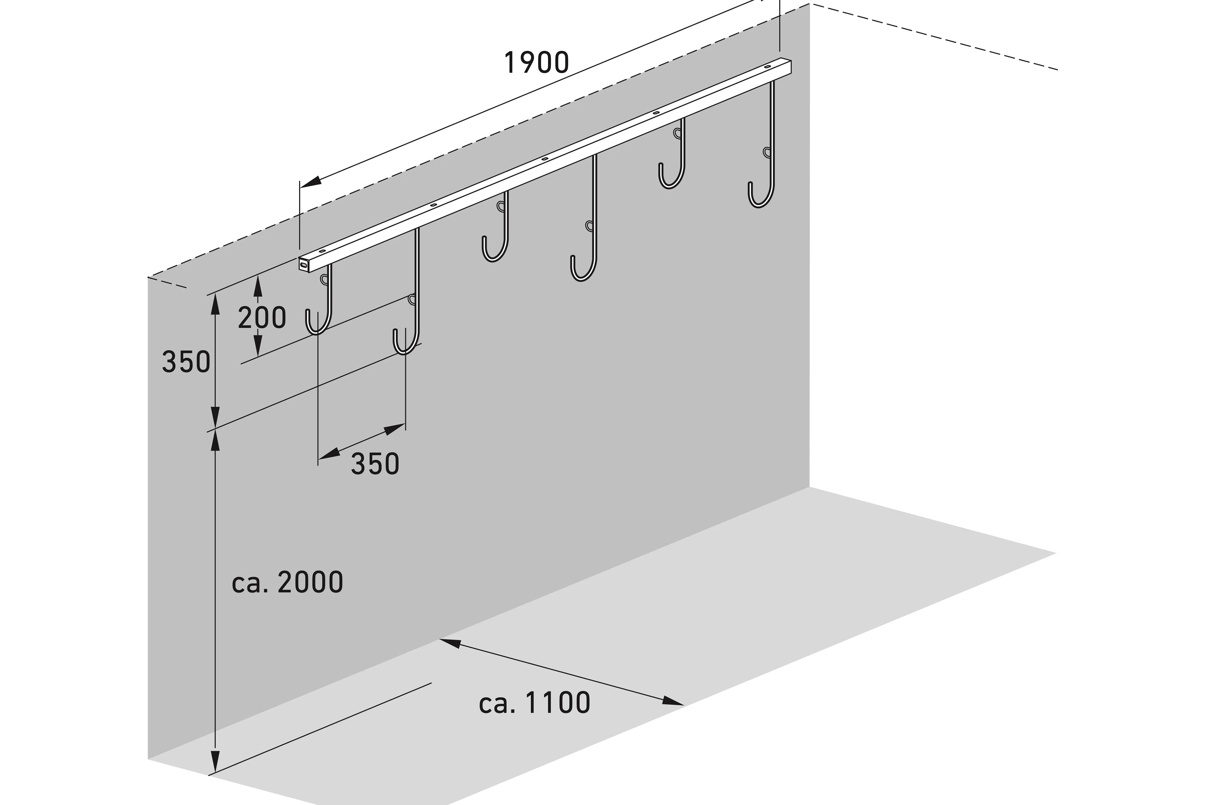 Isometrische Masszeichnung eines Wandhakensystems aus Metall mit fünf Haken, ideal für Fahrradparksysteme.