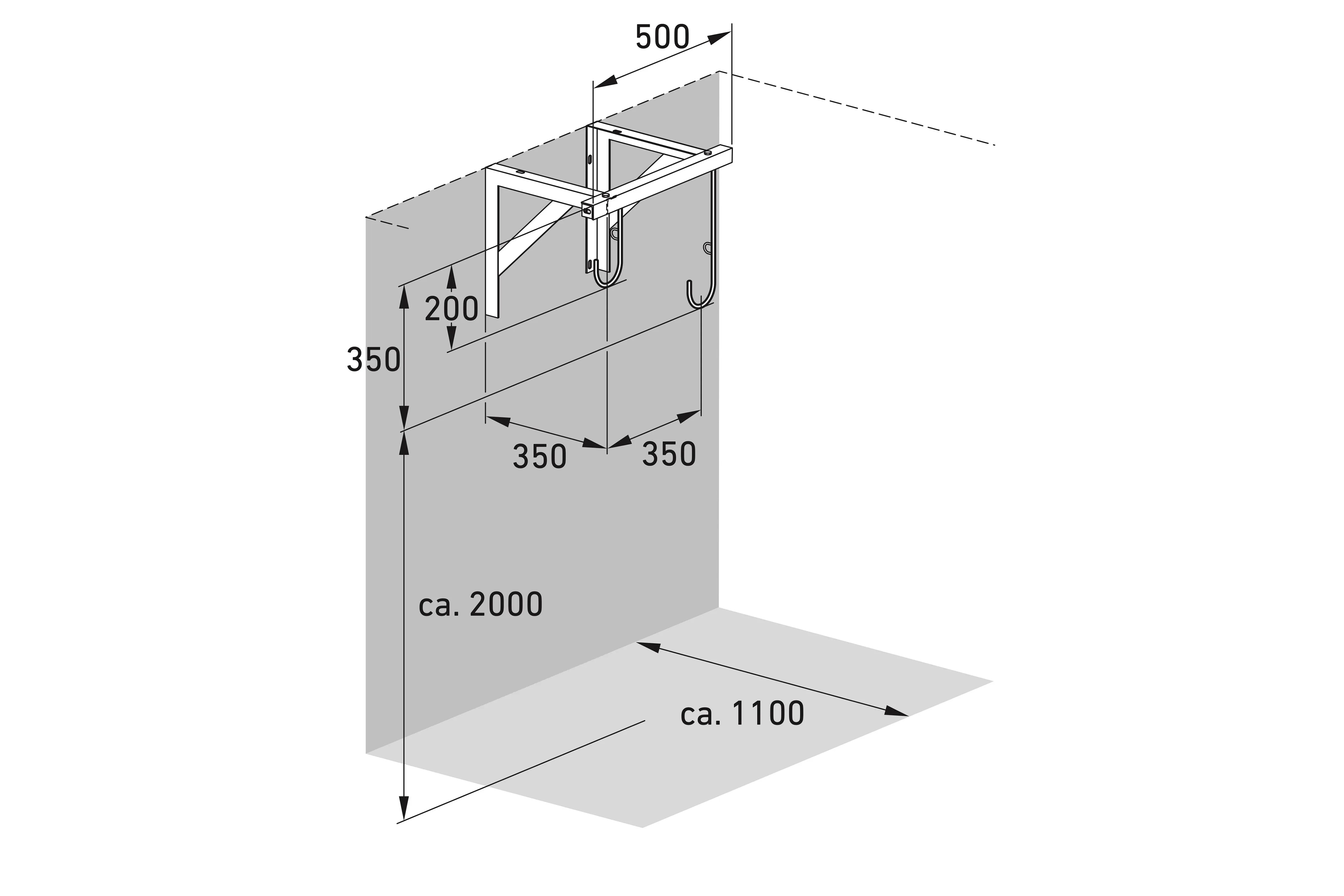 Isometrische Masszeichnung eines Wand-Fahrradhalters aus Metall mit Maßangaben.