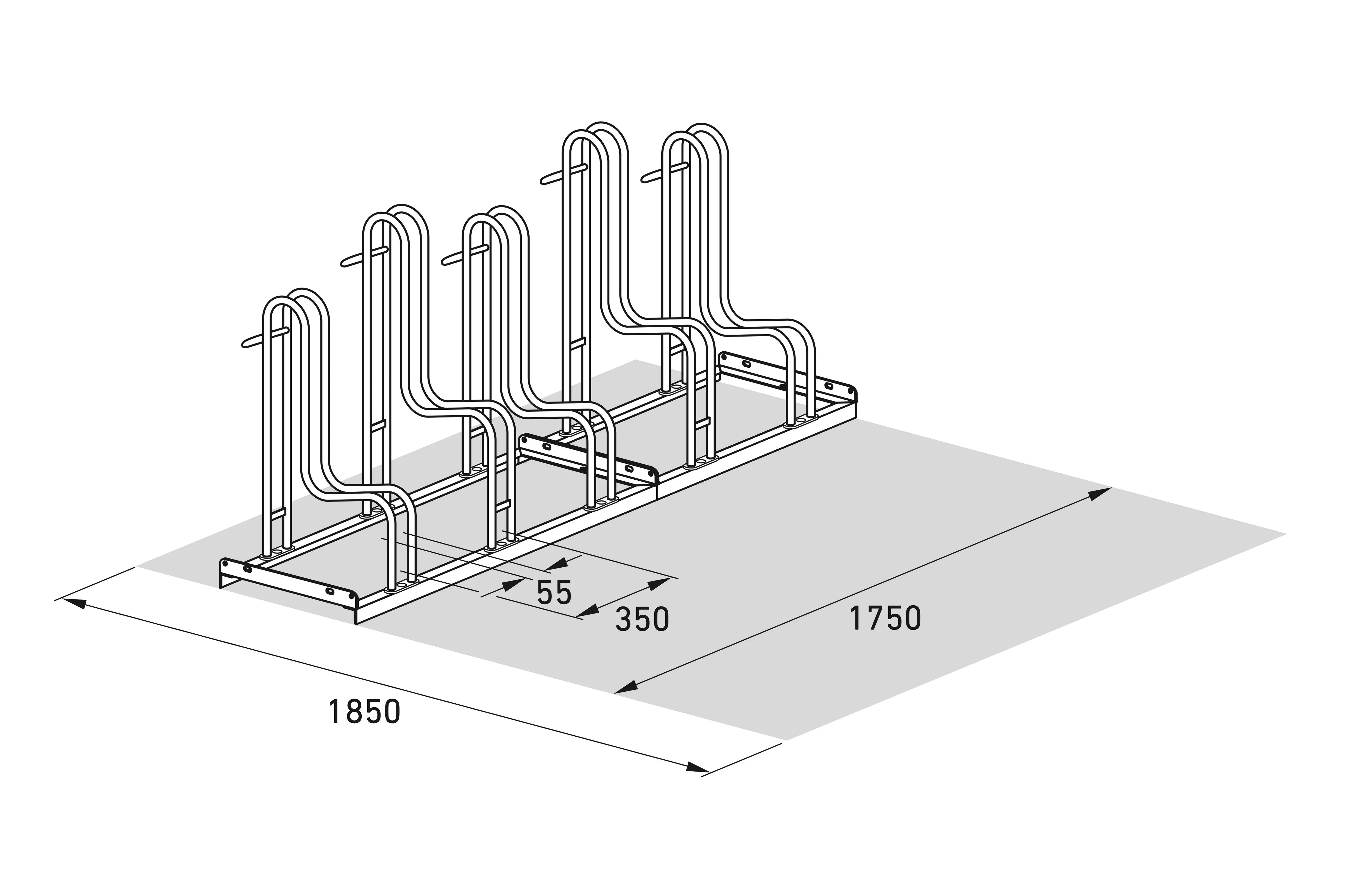 Isometrische Zeichnung eines Fahrradständers für vier Fahrräder mit Maßangaben für Metallbau.