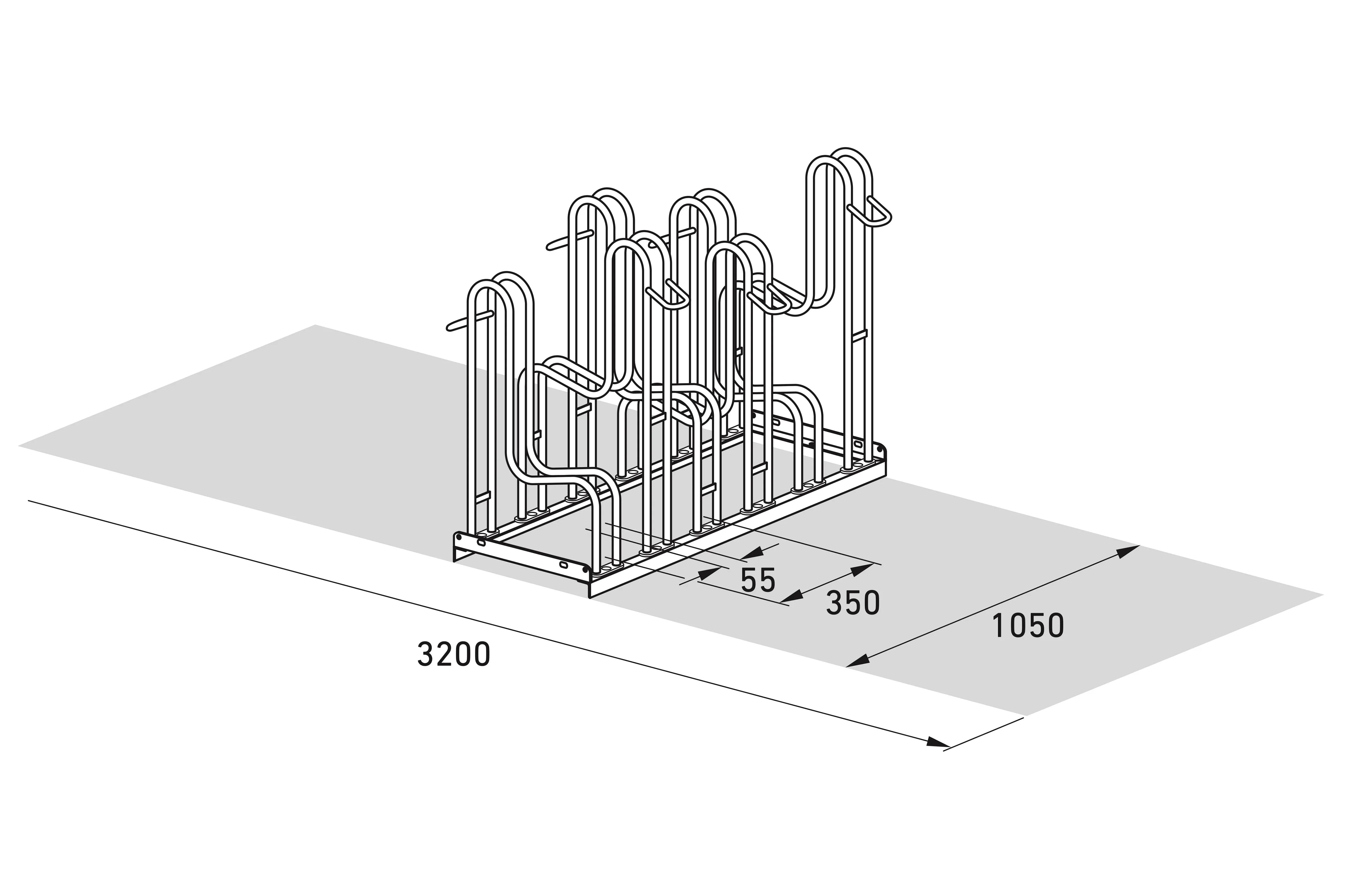 Isometrische Masszeichnung eines Fahrradständers aus Metall, Maße 3200x1050mm