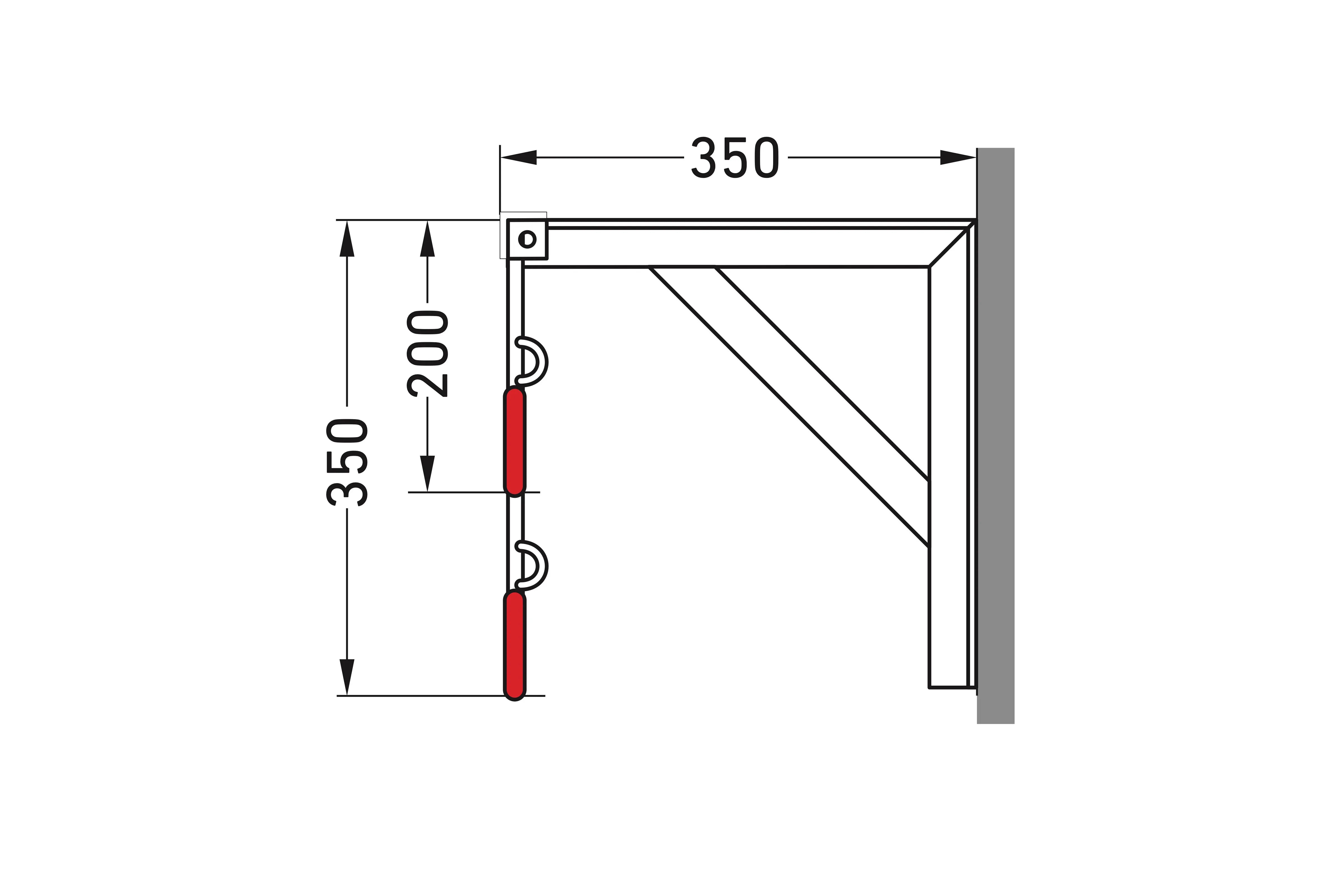Masszeichnung Seitenansicht Wandhalter Metall, Maße 350x350 mm, für Geländer oder Überdachung