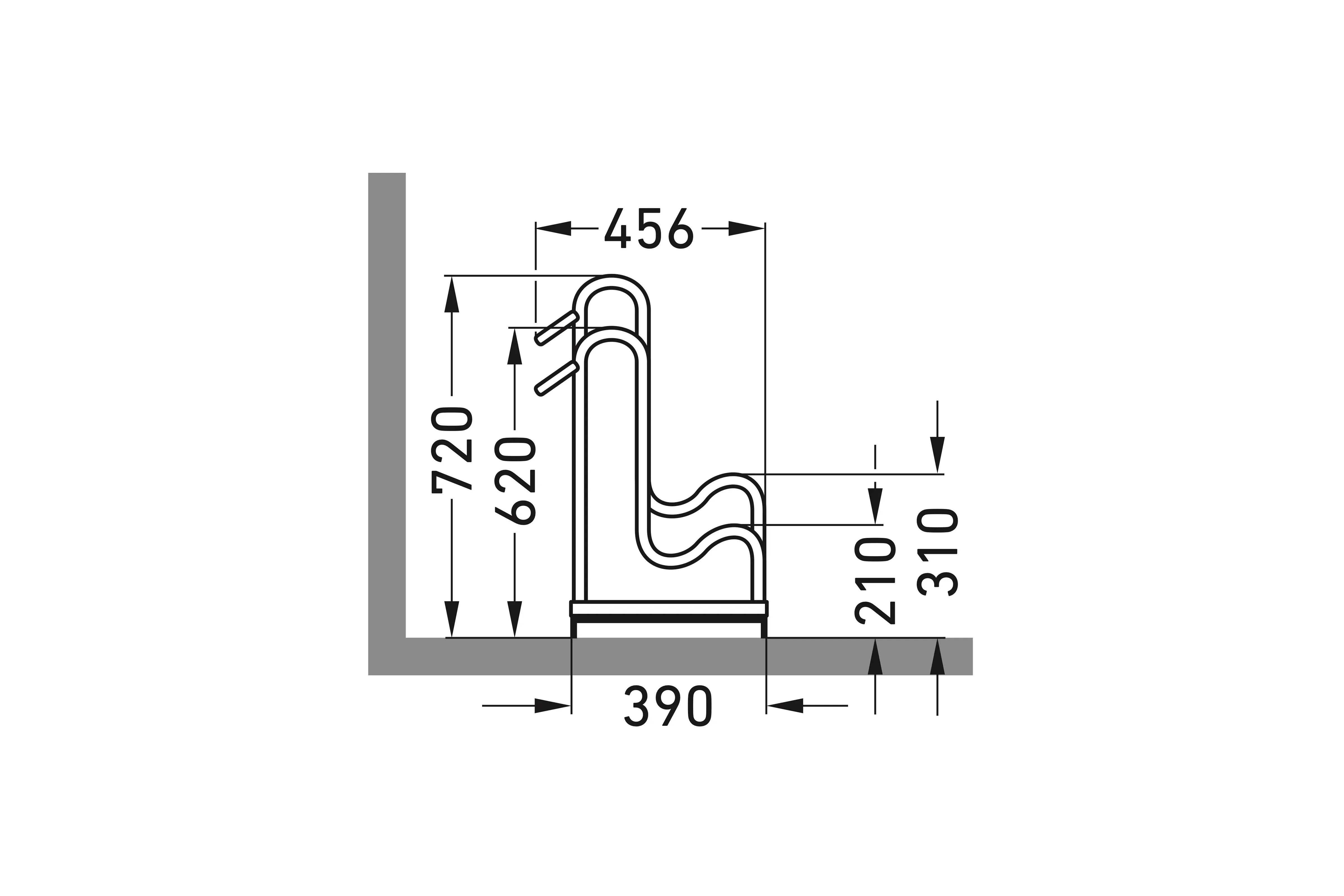 Maßzeichnung Seitenansicht Fahrradparksystem Metall mit Abmessungen 720x456x390 mm