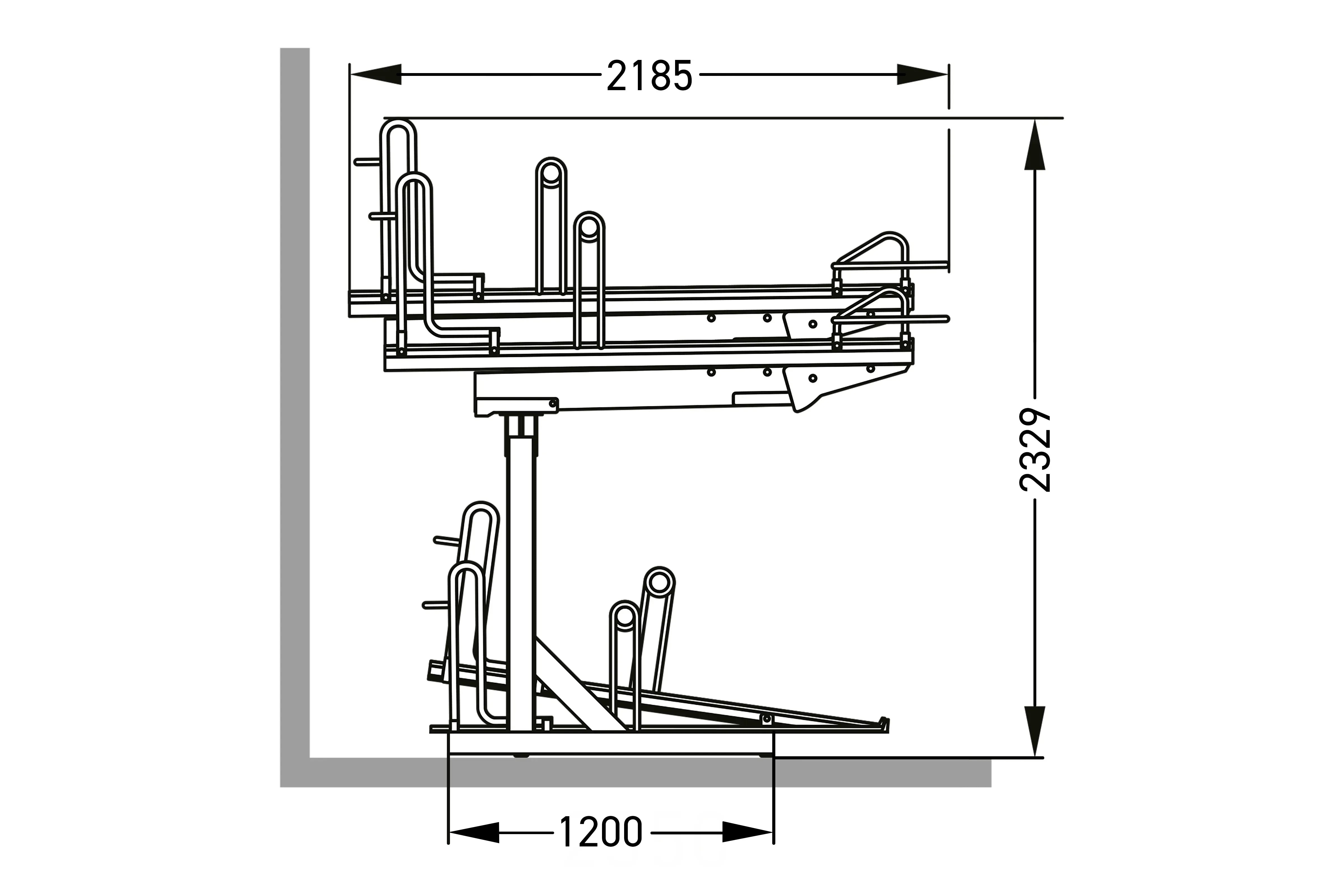 Maßzeichnung Fahrradparksystem Premium einseitig, Seitenansicht mit Abmessungen
