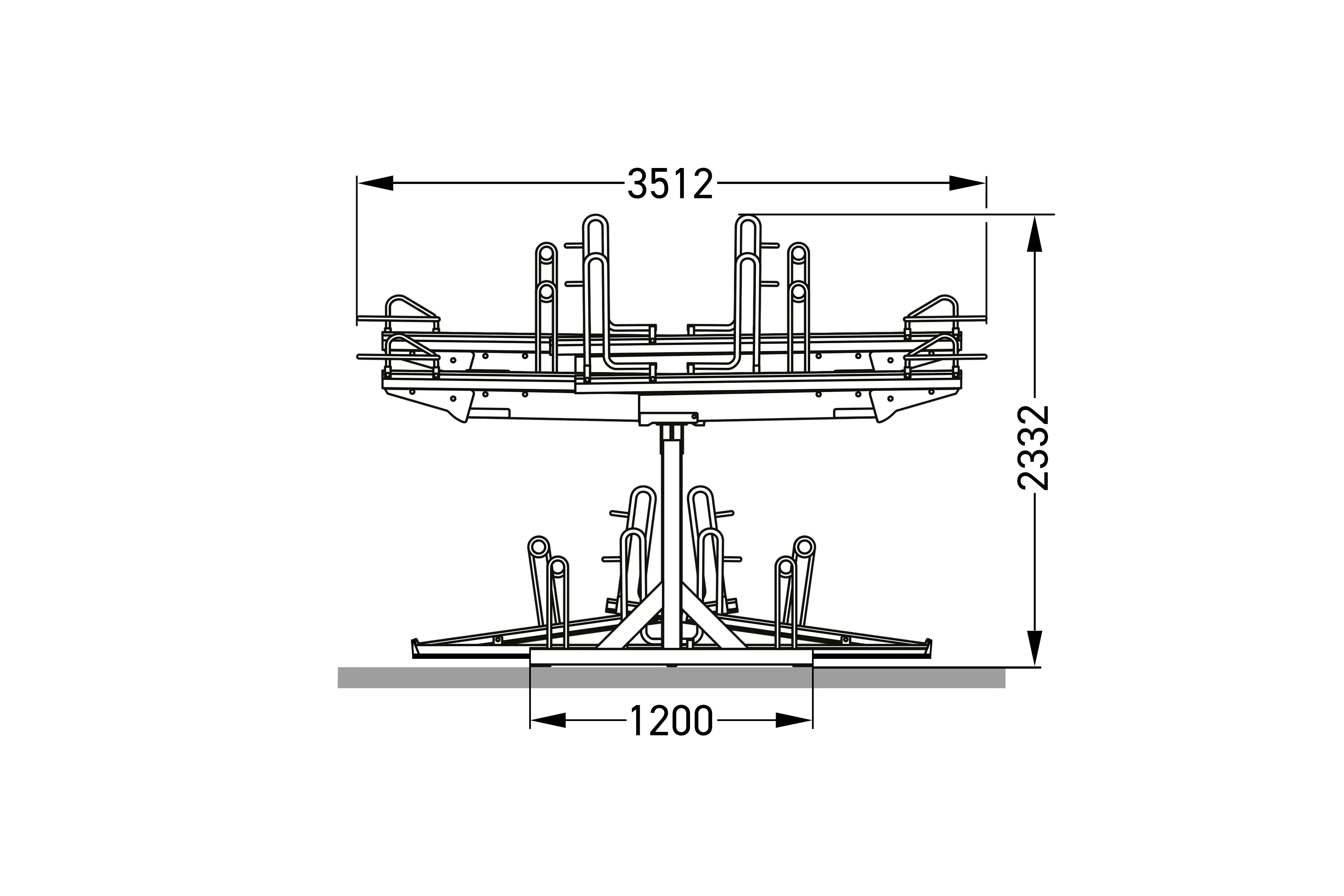 Technische Zeichnung eines zweiseitigen Fahrradparksystems mit Maßangaben, Seitenansicht
