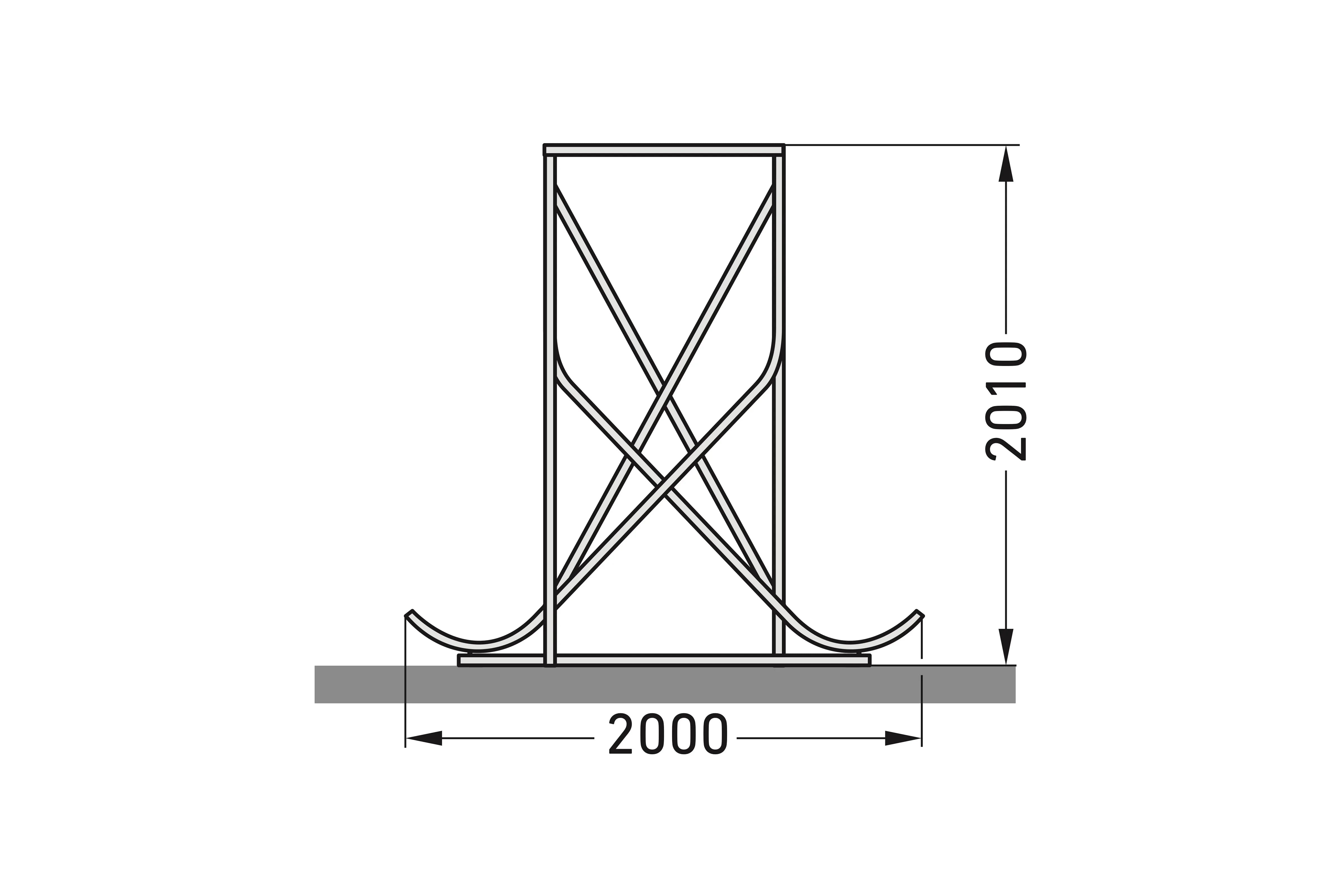 Technische Zeichnung eines Metall Fahrradständers Seitenansicht, Maße 2000 x 2010 mm