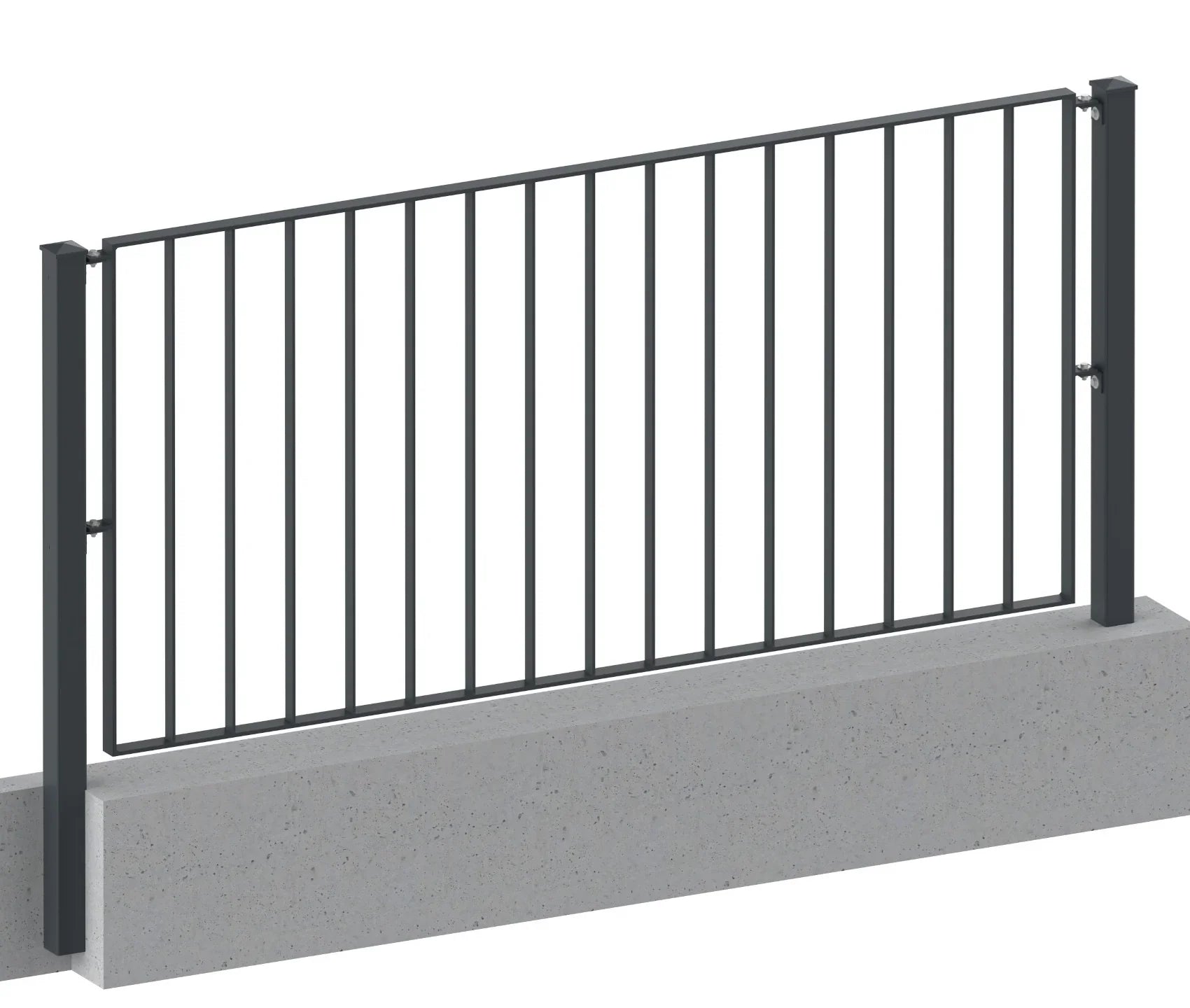 Pulverbeschichtetes Metallzaun Geländer mit senkrechten Stäben, auf Beton montiert
