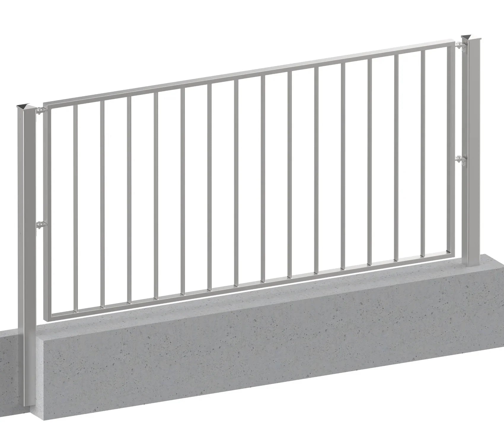 Edelstahl Zaungeländer mit senkrechten Stäben und Betonpfosten, modern und robust