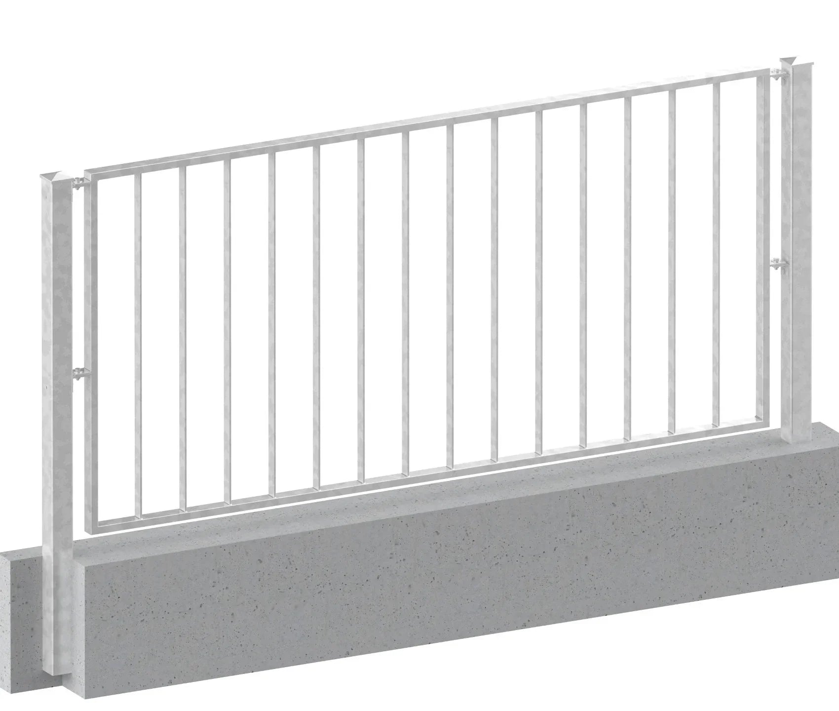 Verzinktes Metallzaun-Geländer mit senkrechten Stäben, Pfosten einbetoniert