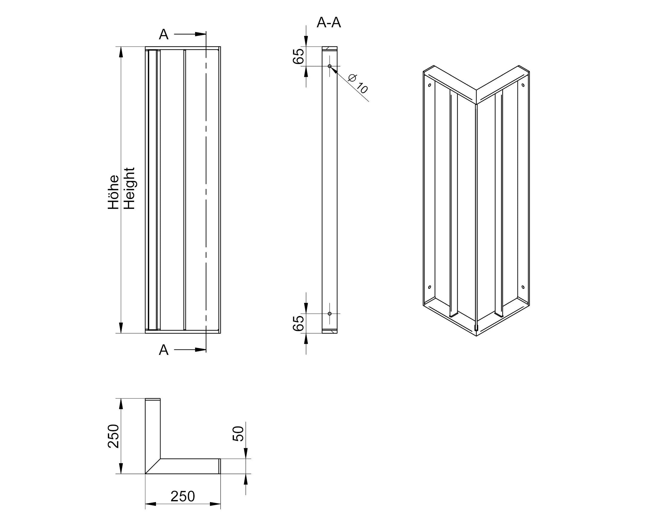 Technische Zeichnung eines Metall Eck-Geländers, Maße und Aufbau ersichtlich, Zaunbau.