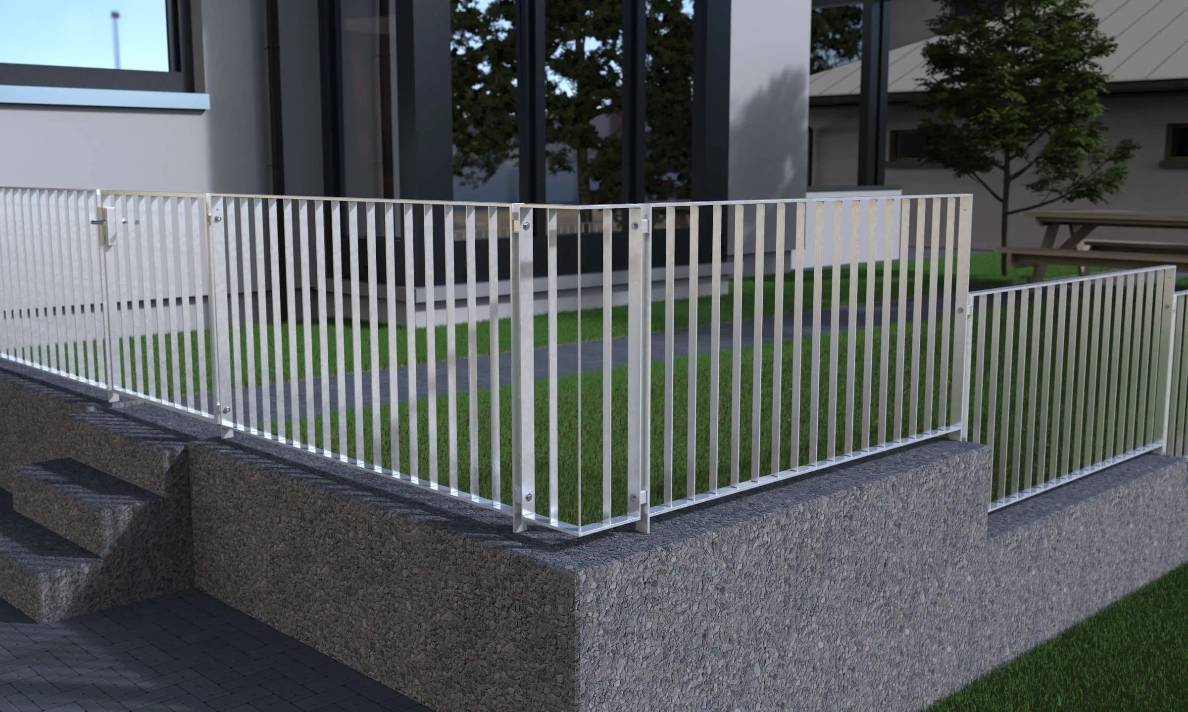 Verzinktes Metallgeländer mit senkrechten Stäben auf Steinmauer, modern und einbetoniert.