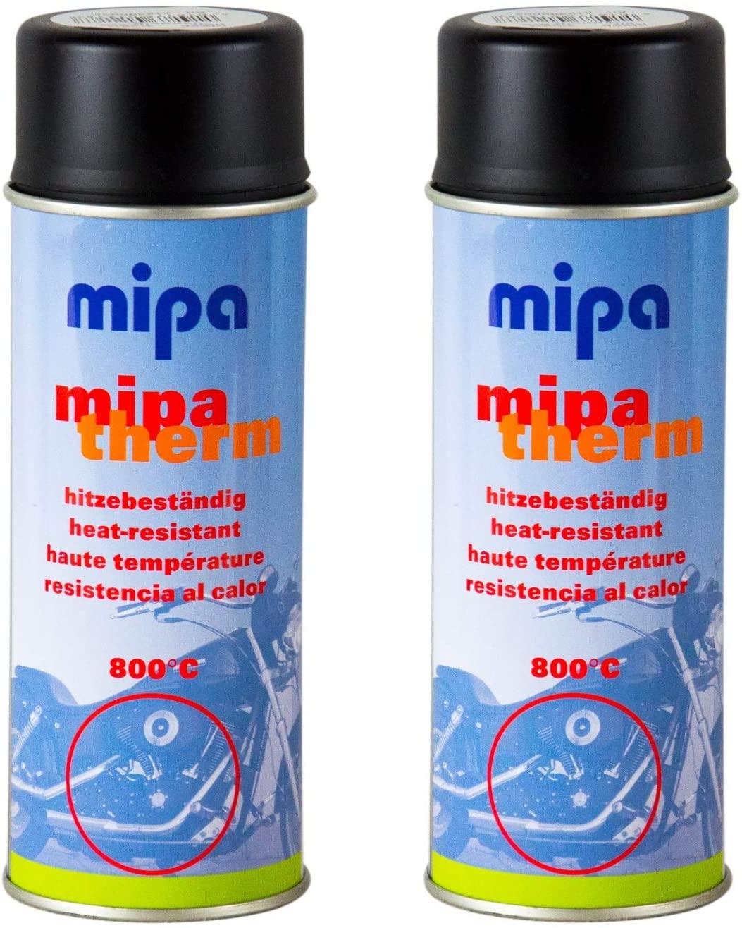Zwei Dosen hitzebeständiger Mipa Thermolack Spray, geeignet bis 800°C, auf weißem Hintergrund.
