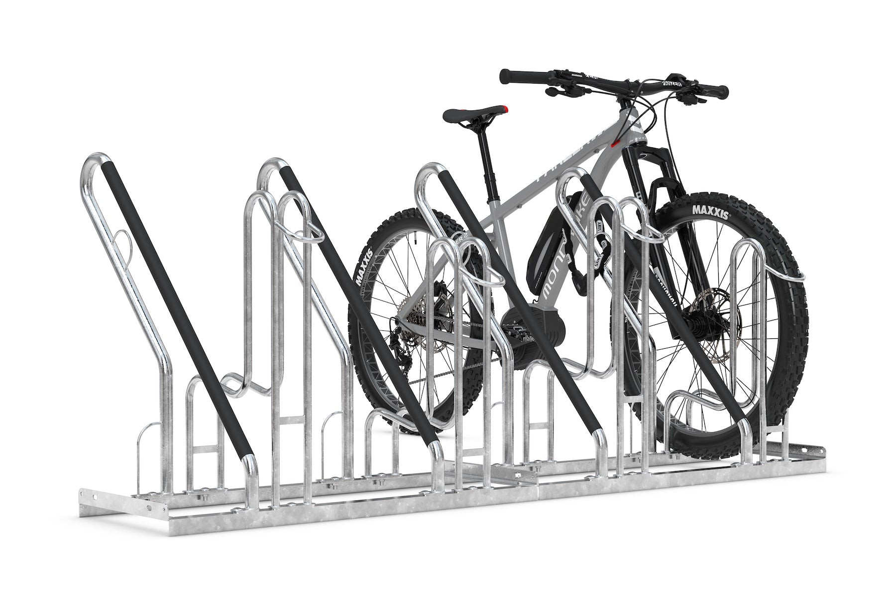 Fahrradständer aus Metall für mehrere Fahrräder, ein Fahrrad geparkt, robust und verzinkt