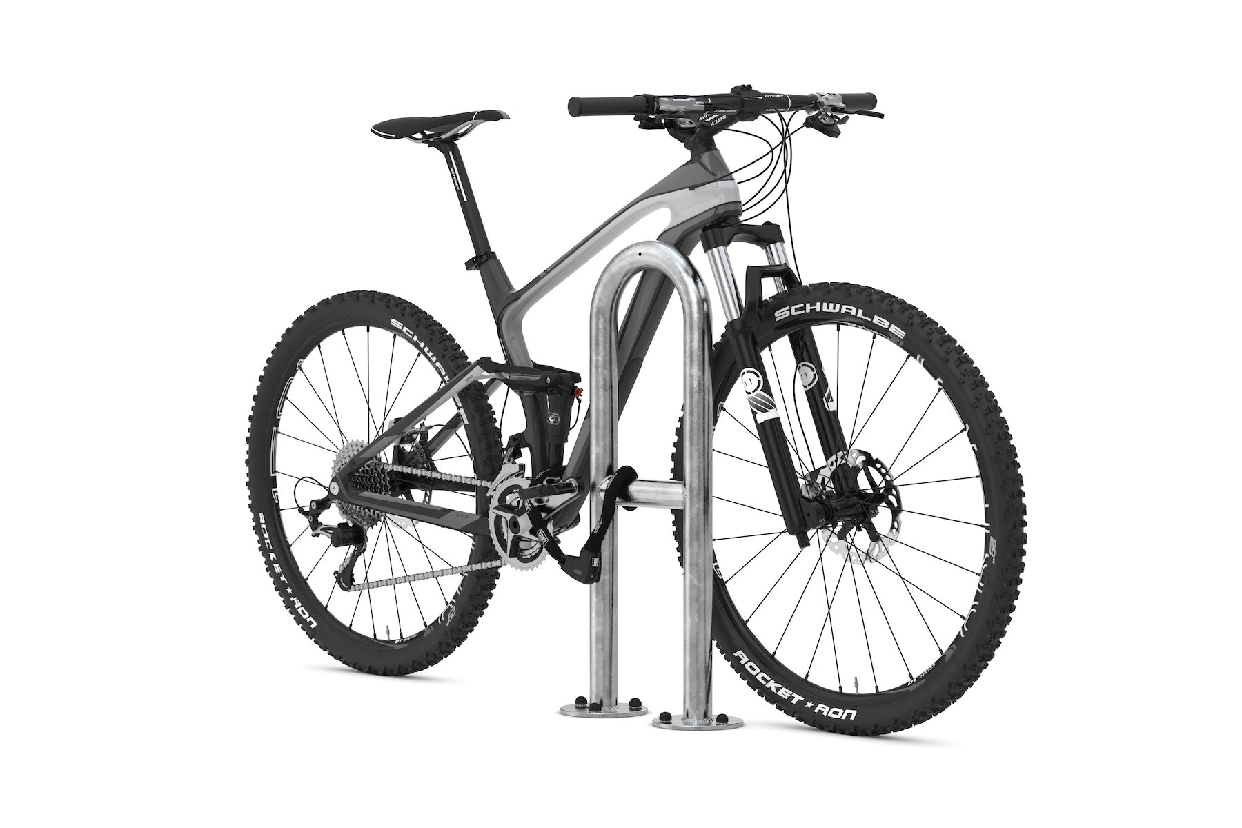 Fahrrad an stabilem Metall-Fahrradständer mit Diebstahlschutz, Einzelplatz, isoliert