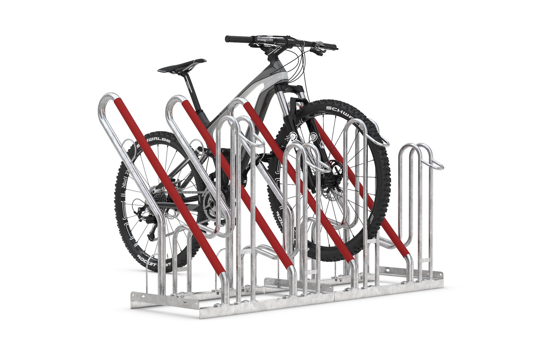 Fahrradparksystem aus Metall mit rotem Anfahrschutz und Mountainbike im Ständer