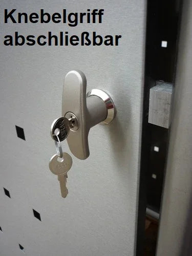 Abschließbarer Metall-Knebelgriff mit Schlüssel an silberner Mülltonnenbox-Tür