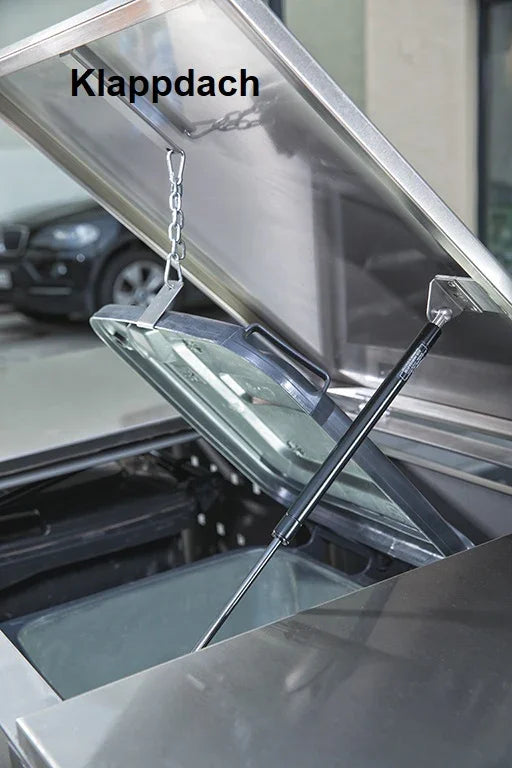 Mülltonnenbox mit geöffnetem Klappdach aus Metall, stabiler Gasdruckfeder-Mechanismus