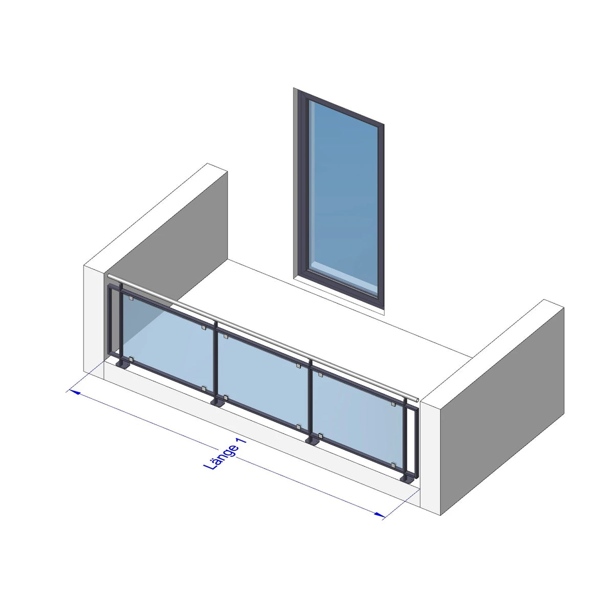 Glas Geländer Modell Vista, I-Form (gerade), aufgesetzt, mit Handlauf – Maßskizze Länge 1