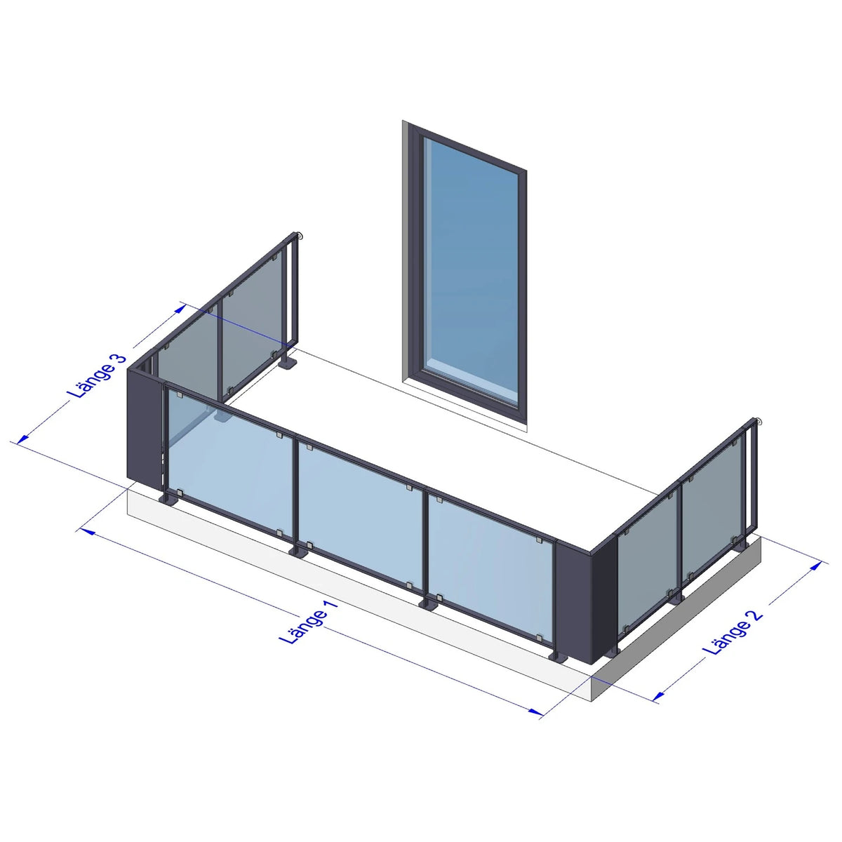 Glas Geländer Modell Vista, U-Form (I_I), aufgesetzt, ohne Handlauf – Maßskizze Länge 1, 2 und 3